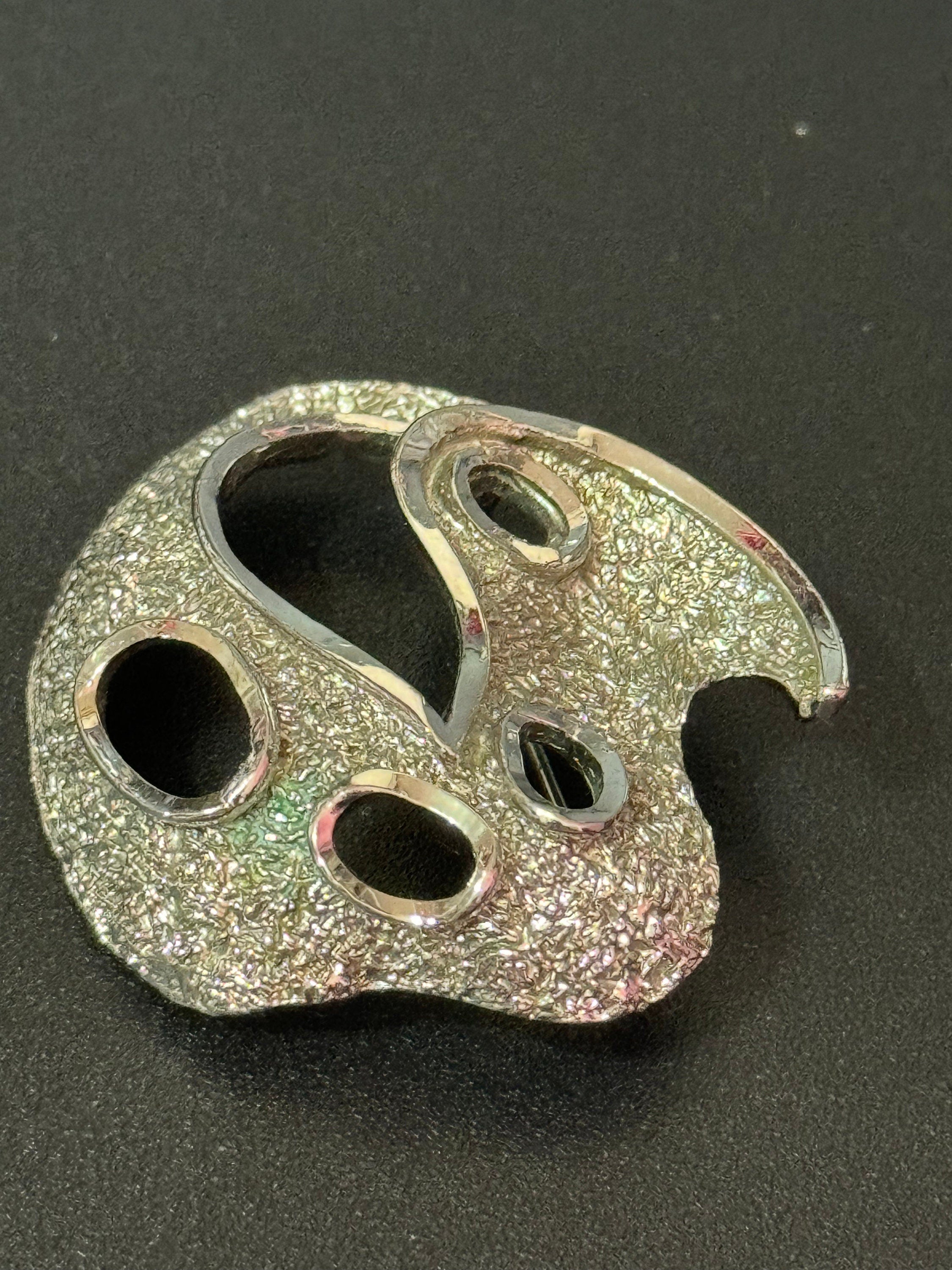 Signed vintage modernist textured silver tone  abstract brutalist brooch
