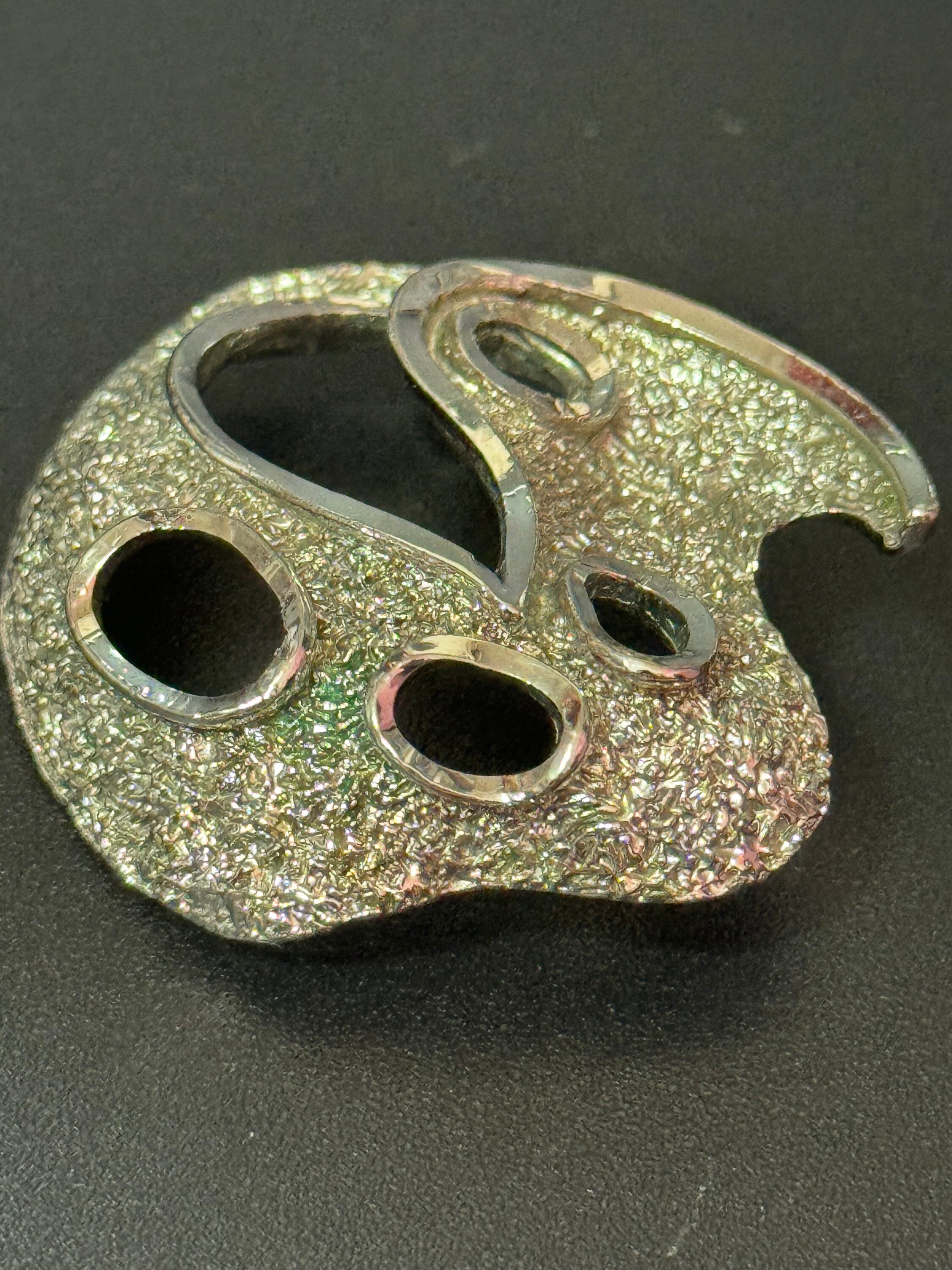 Signed vintage modernist textured silver tone  abstract brutalist brooch