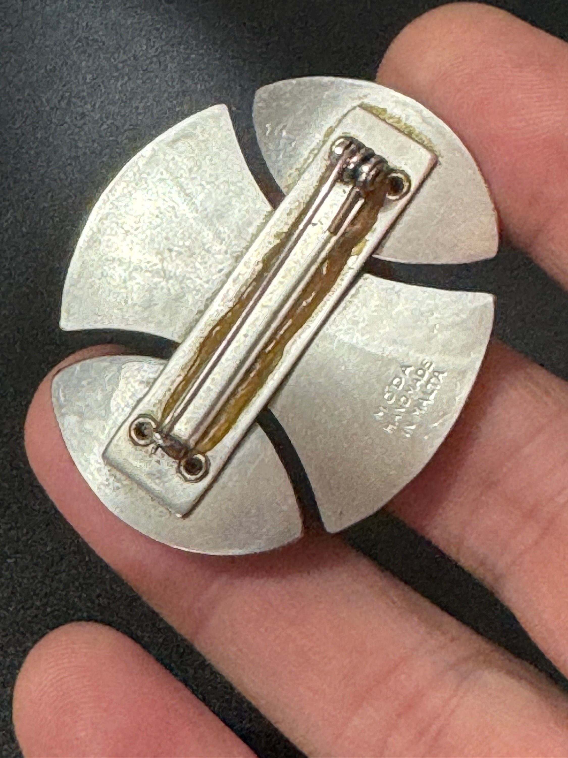 Signed MODA Malta Modernist silver tone stainless steel brooch with blue grey oval cabochons