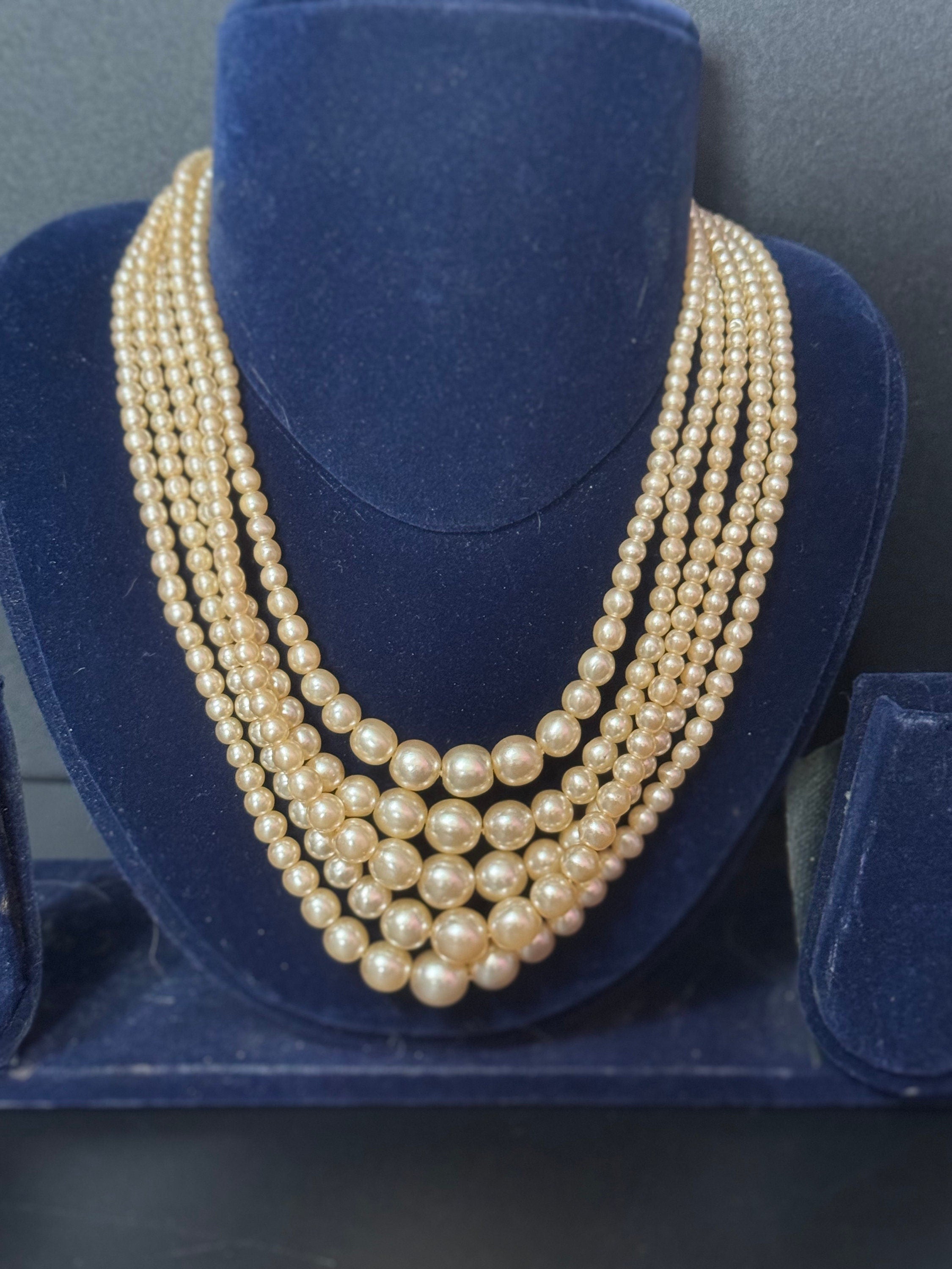 Petite 39cm slim neck Vintage 5 strand row faux glass pearl choker necklace