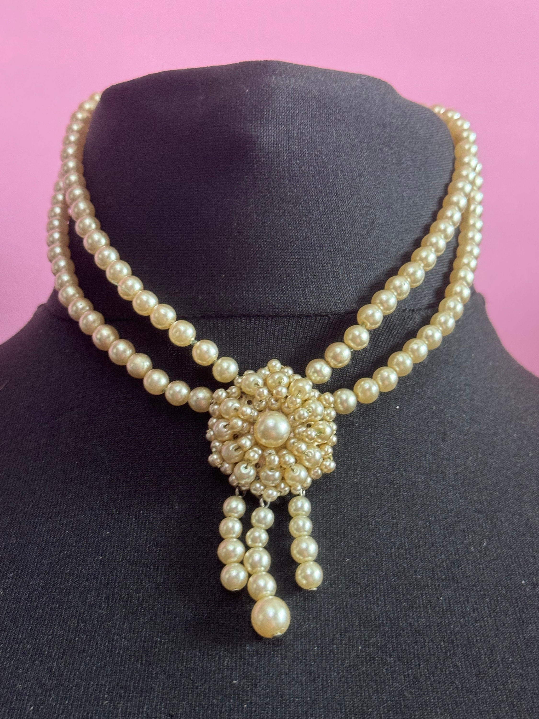 Petite 35cm slim neck  2 strand row faux plastic pearl choker drop necklace