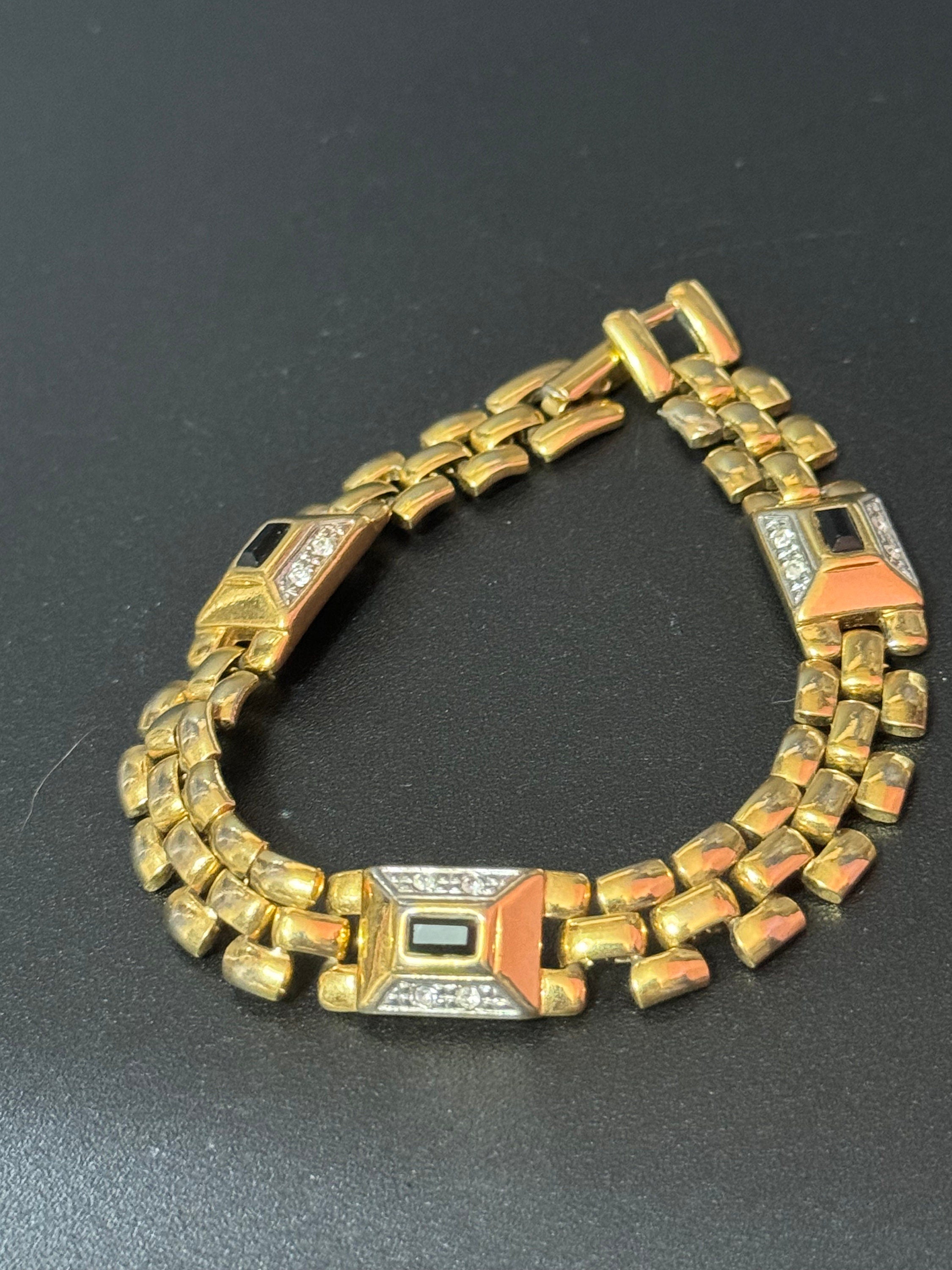 Vintage clear and black diamanté Crystal gold tone brick link panther bracelet