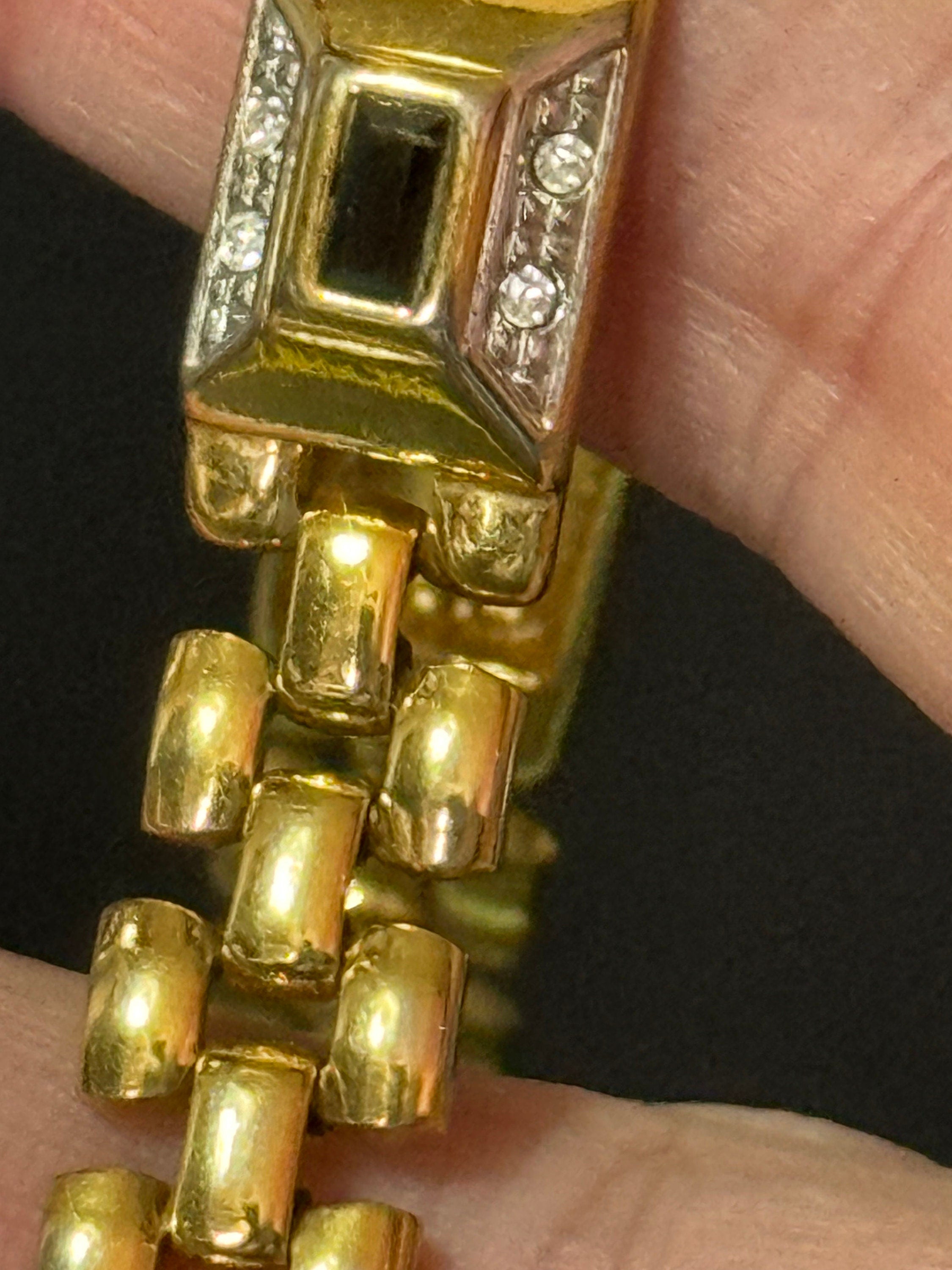 Vintage clear and black diamanté Crystal gold tone brick link panther bracelet