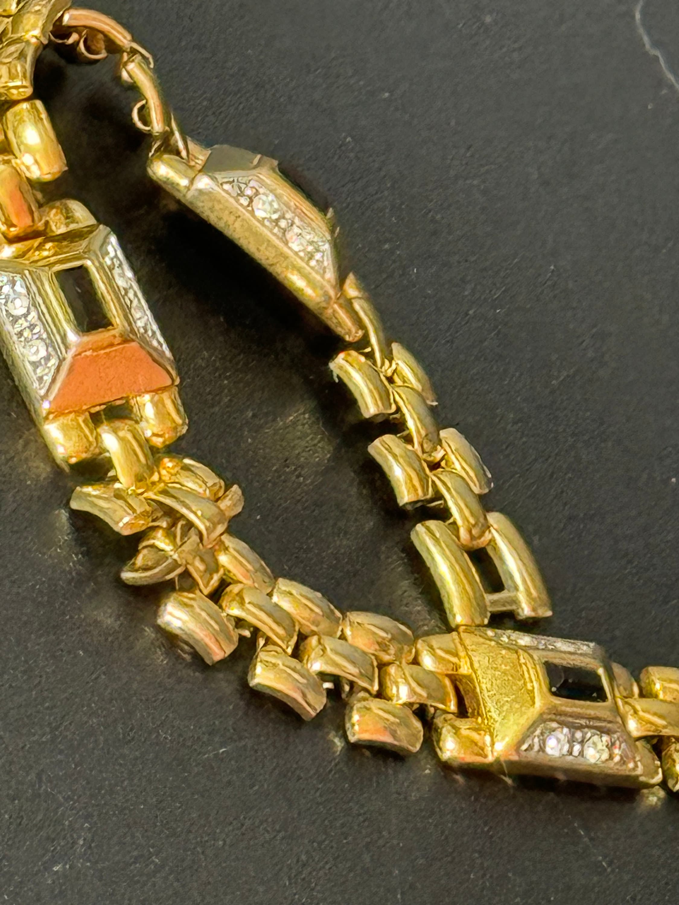 Vintage clear and black diamanté Crystal gold tone brick link panther bracelet