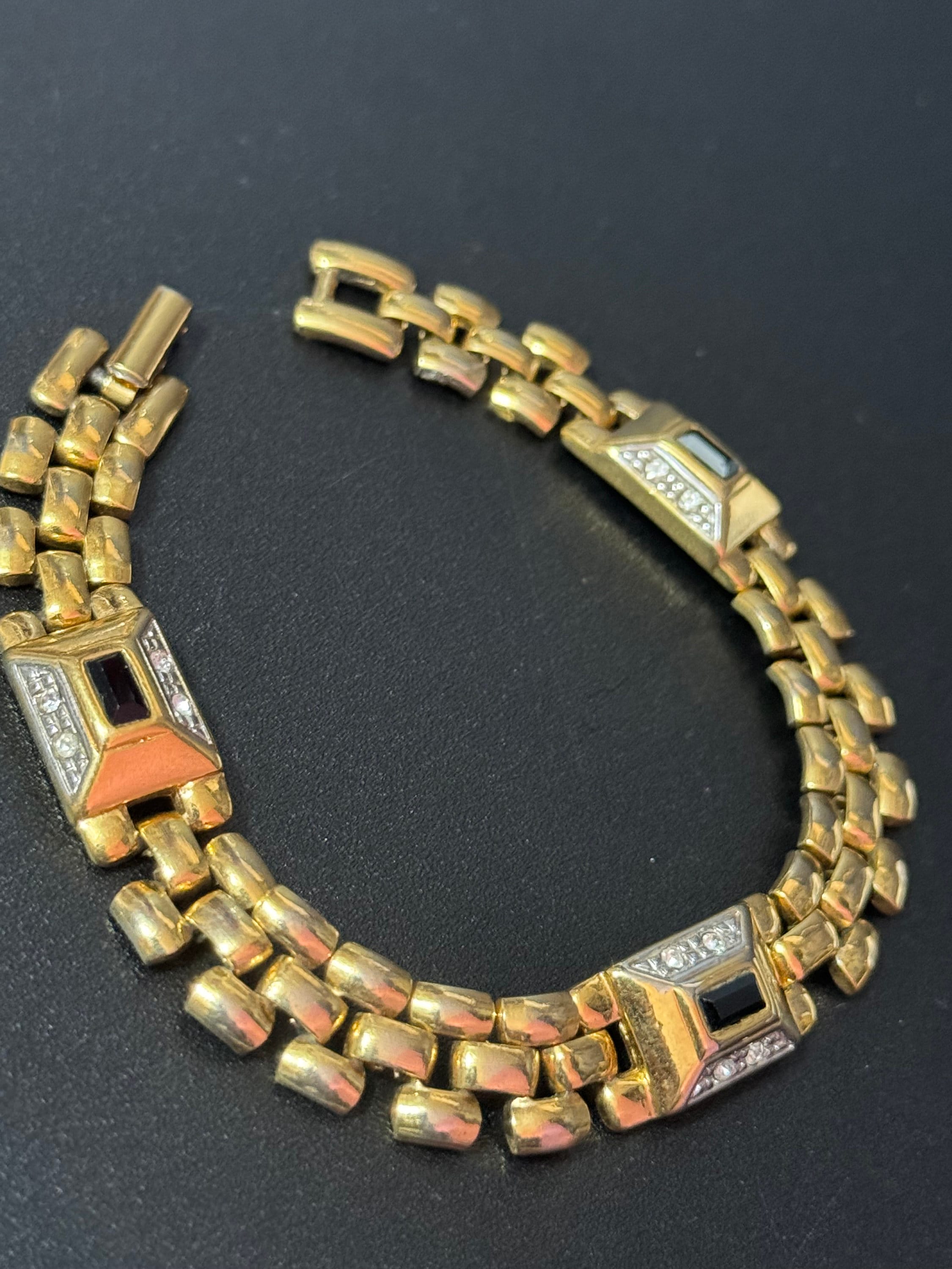 Vintage clear and black diamanté Crystal gold tone brick link panther bracelet