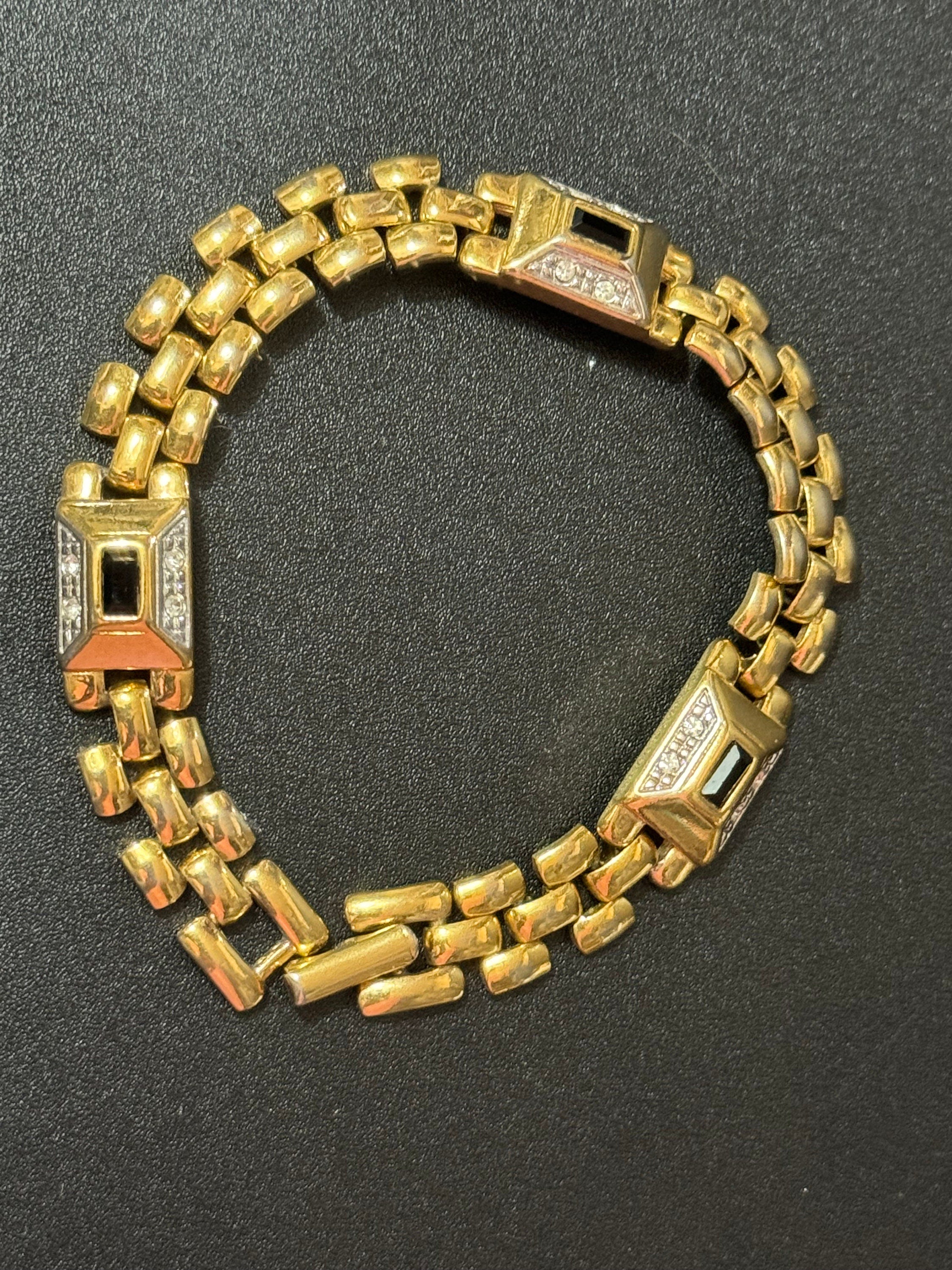 Vintage clear and black diamanté Crystal gold tone brick link panther bracelet