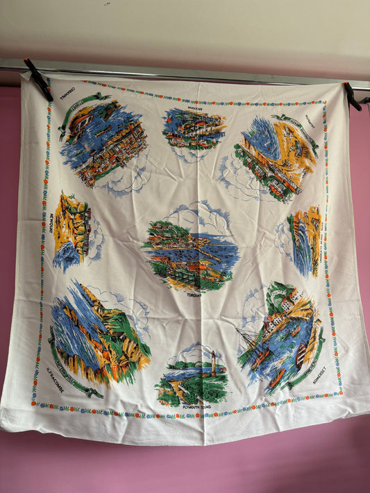 36” southwest Cornwall Somerset devon Vintage printed souvenir tablecloth towns landmarks