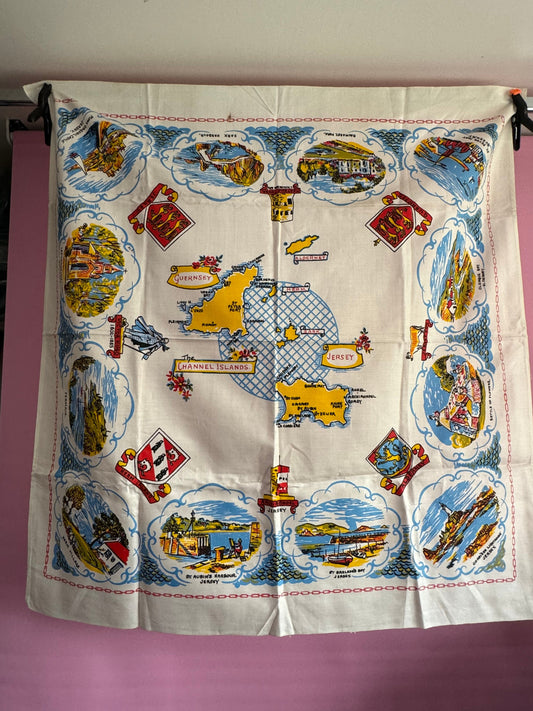 34” channel islands jersey guernsey aldernay Vintage printed souvenir tablecloth towns landmarks