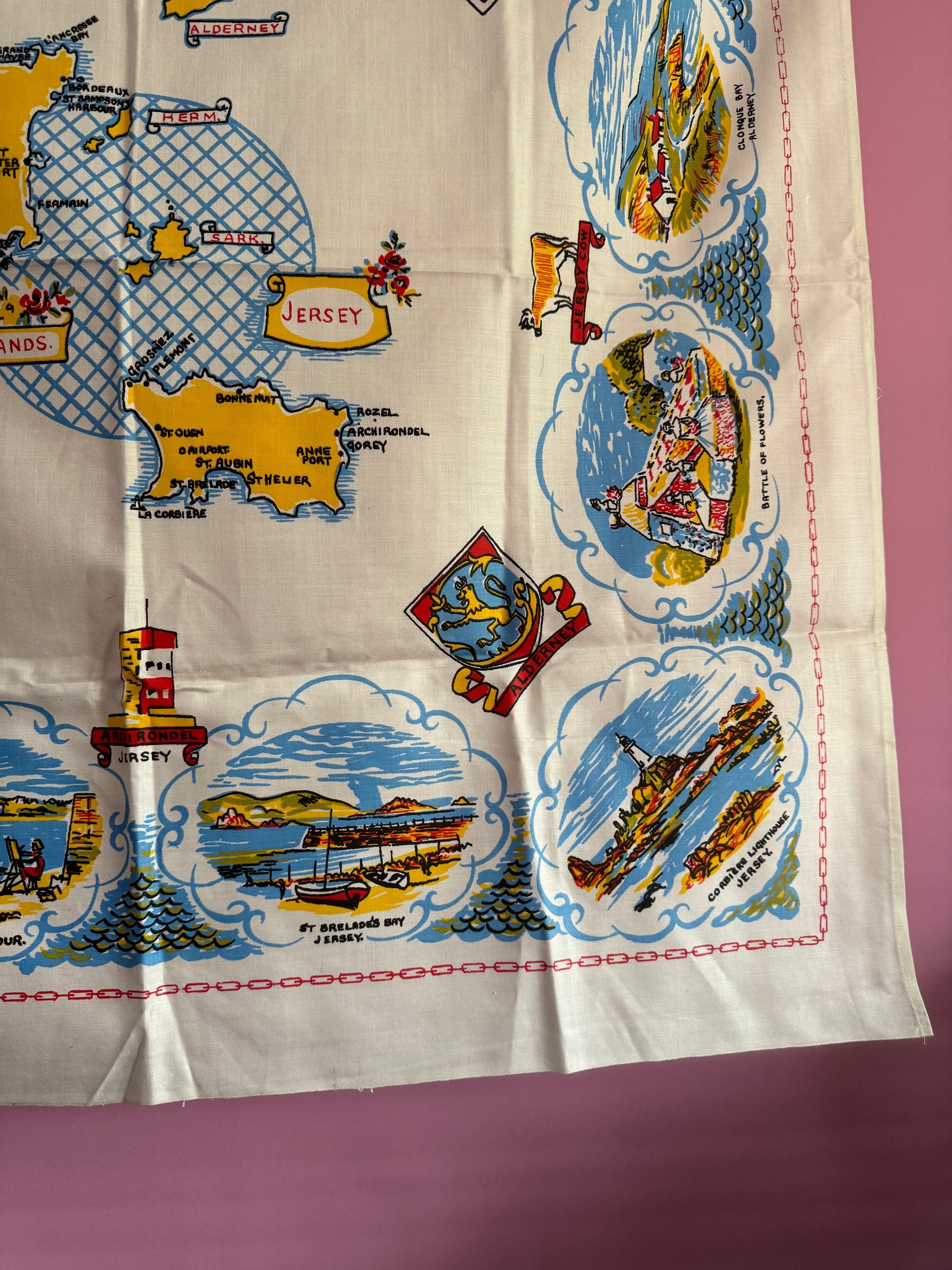 34” channel islands jersey guernsey aldernay Vintage printed souvenir tablecloth towns landmarks