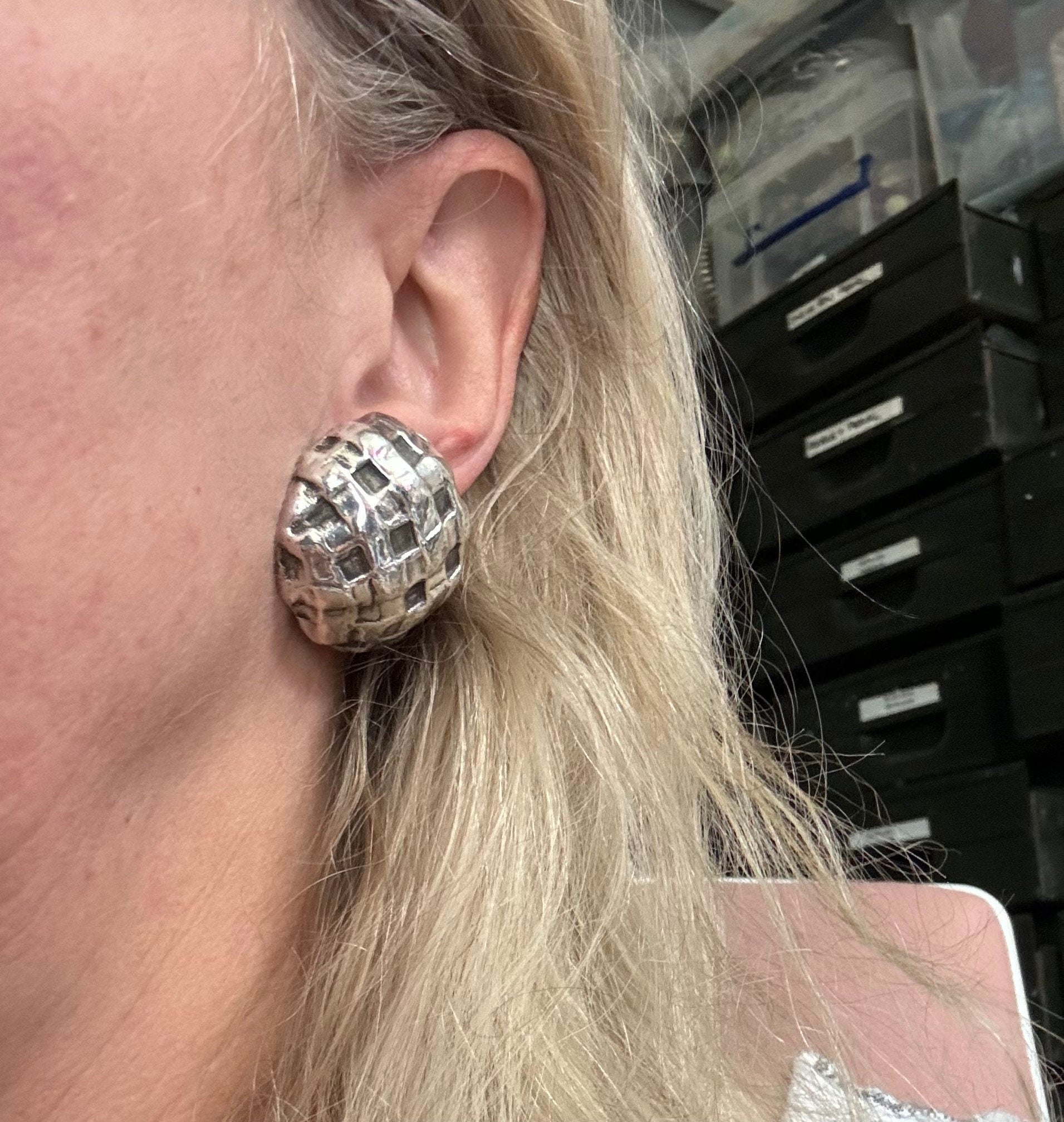 Signed UNE LIGNE Paris silver tone oversized 3.5cm round domed clip on stud earrings