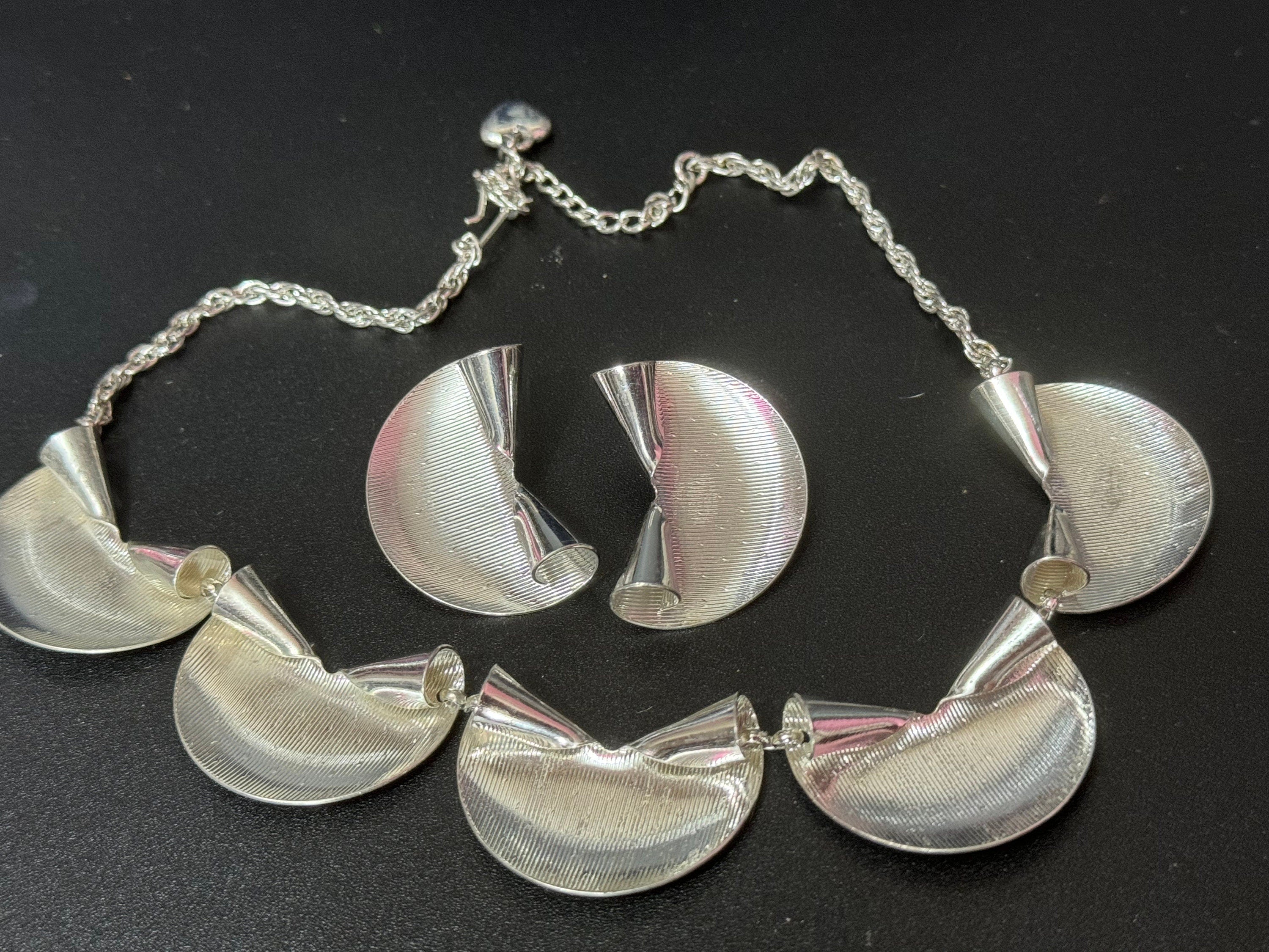 Vintage KIGU Fan Necklace and Earrings: Rhodium Plated, 1950s-60s