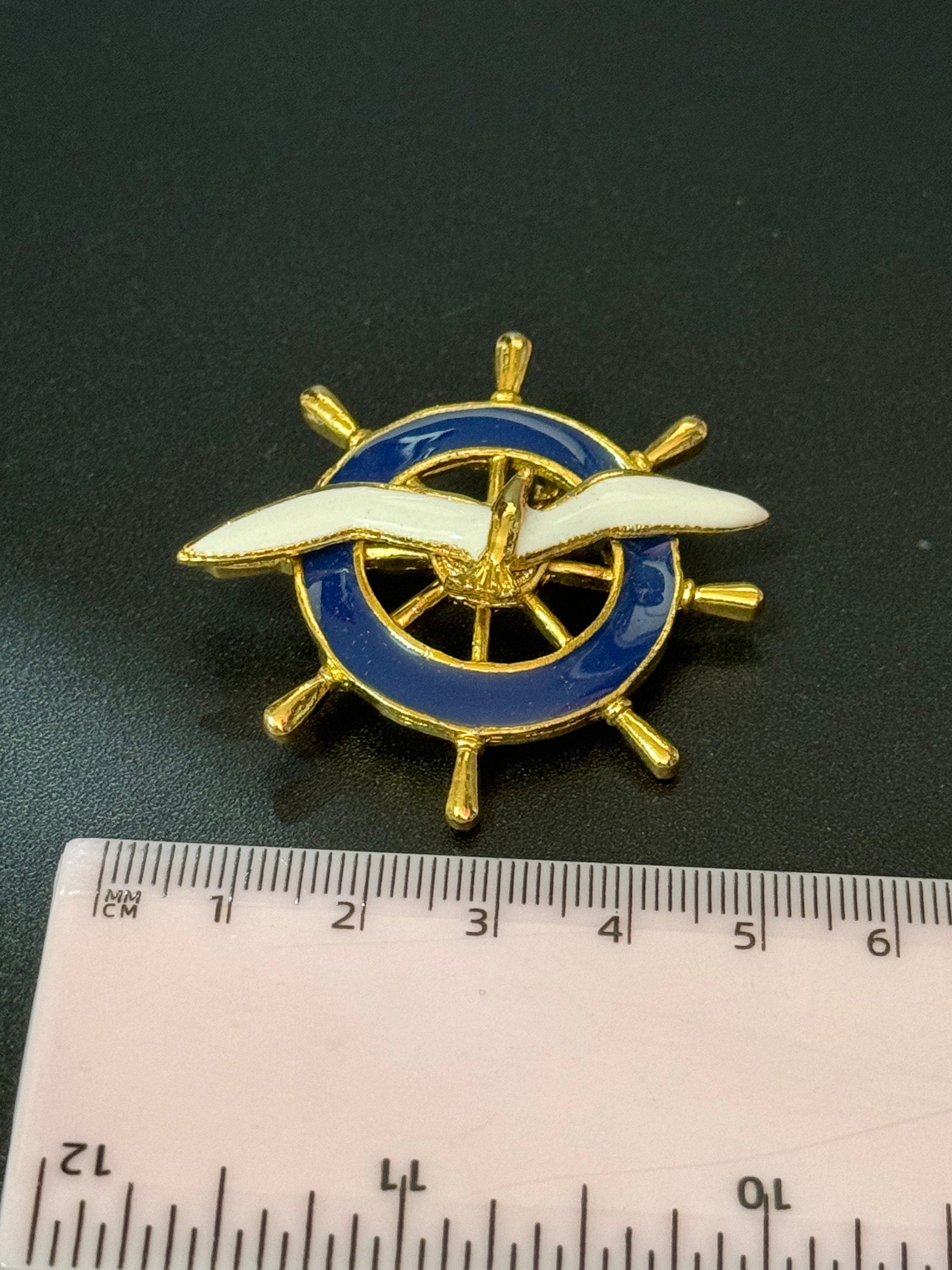 Vintage ships wheel Nautical Brooch, blue enamel with a seagull