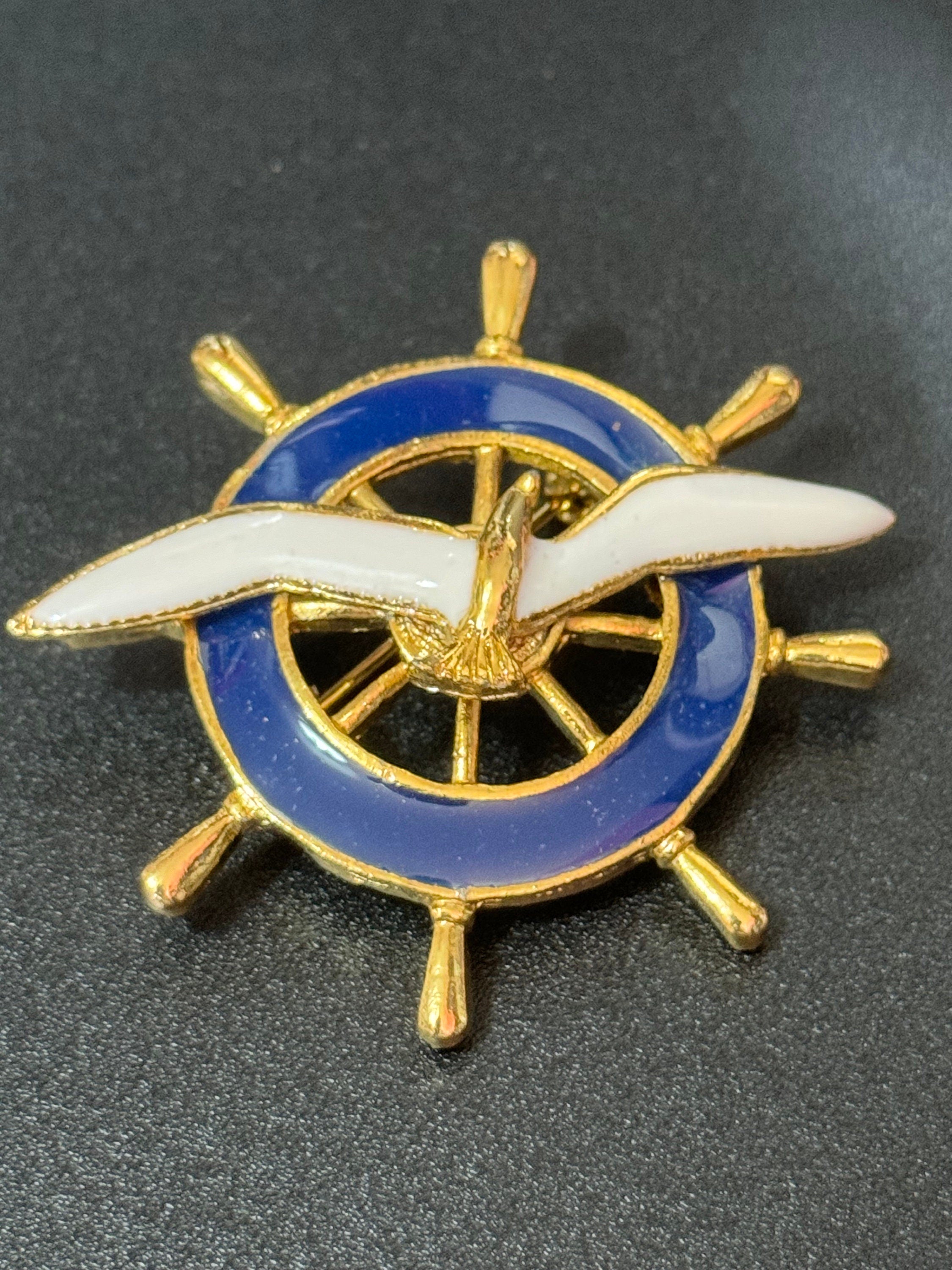 Vintage ships wheel Nautical Brooch, blue enamel with a seagull