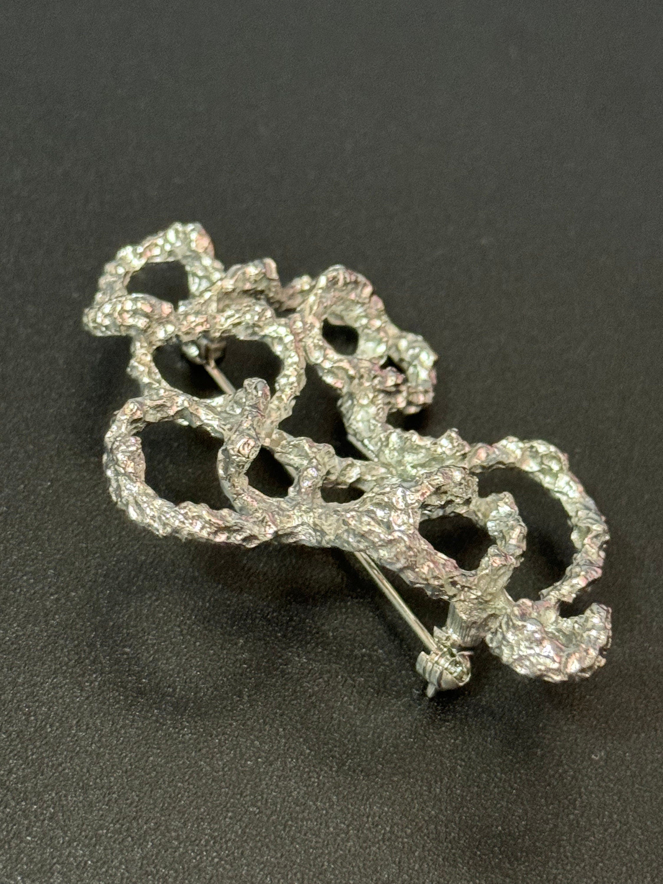 vintage modernist textured silver tone enamel abstract brutalist brooch