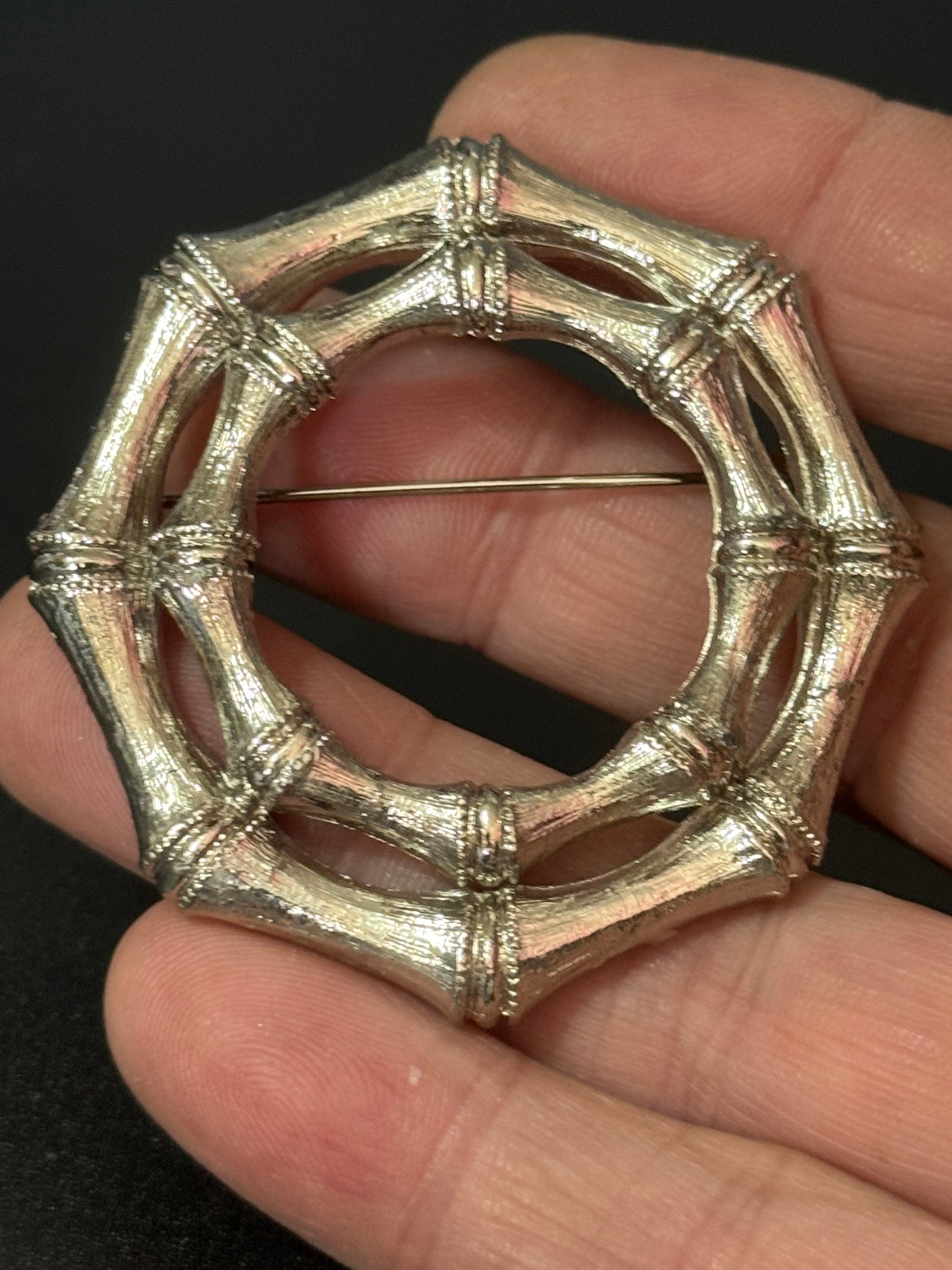 True vintage oversized round silver tone Bamboo nautical large brooch old shop stock