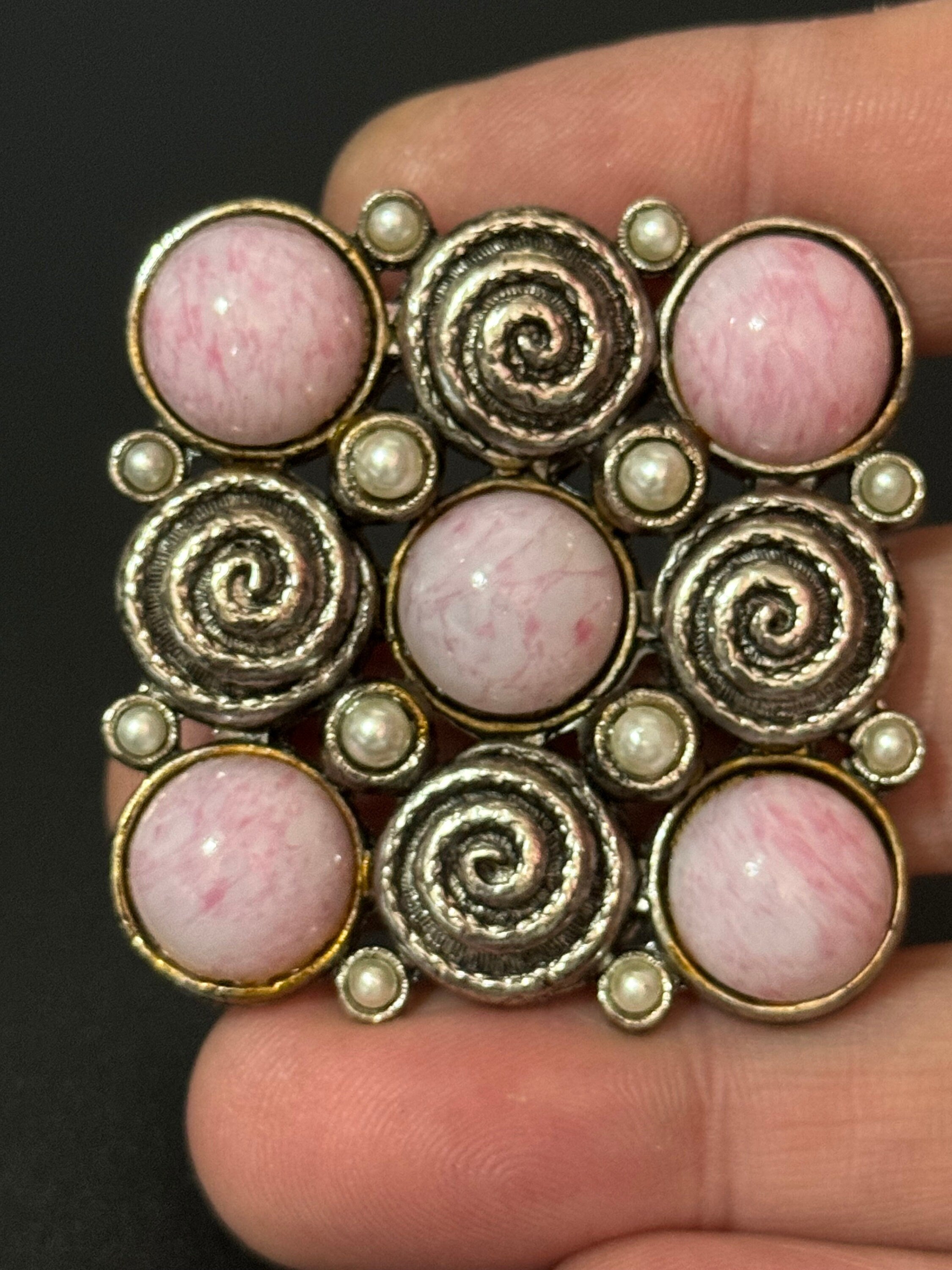 True vintage Chunky square silver tone Etruscan brooch with pearl and pink glass cabochons old shop stock