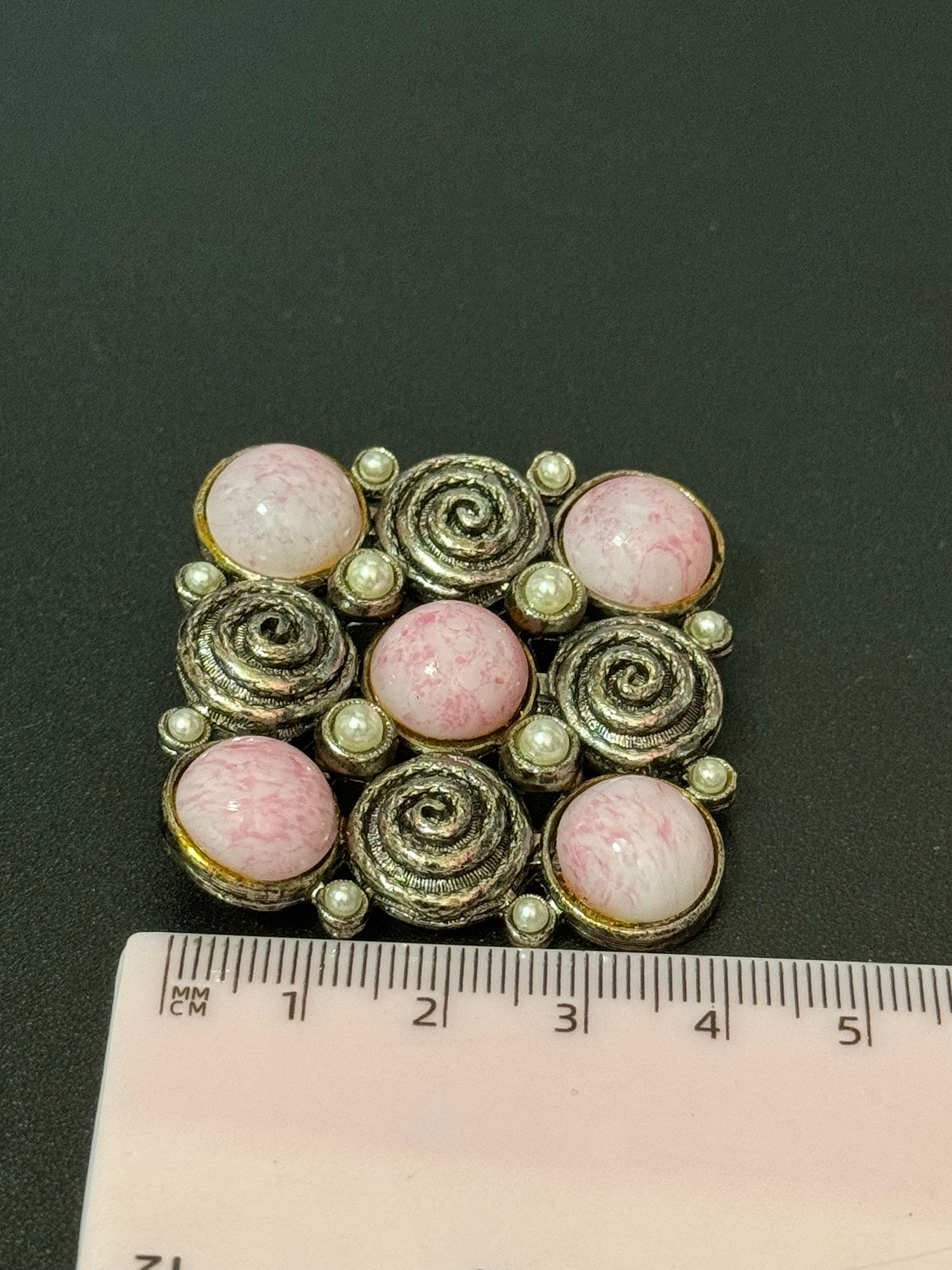 True vintage Chunky square silver tone Etruscan brooch with pearl and pink glass cabochons old shop stock
