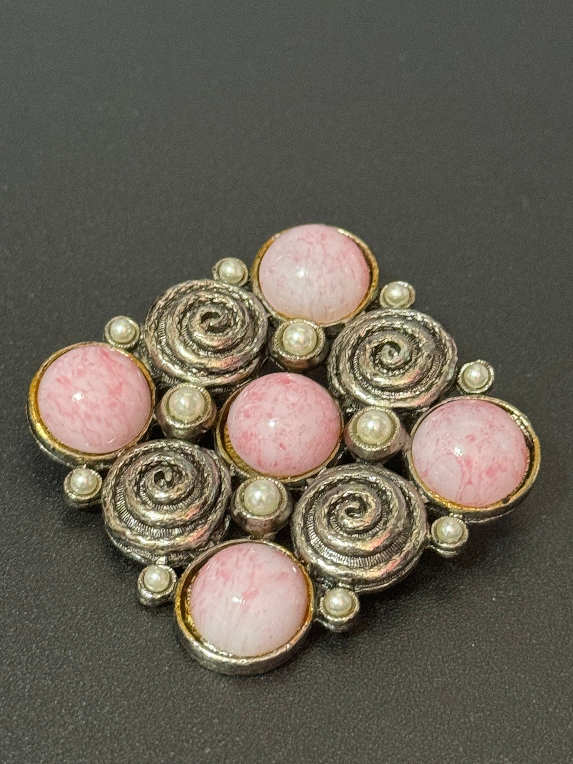 True vintage Chunky square silver tone Etruscan brooch with pearl and pink glass cabochons old shop stock