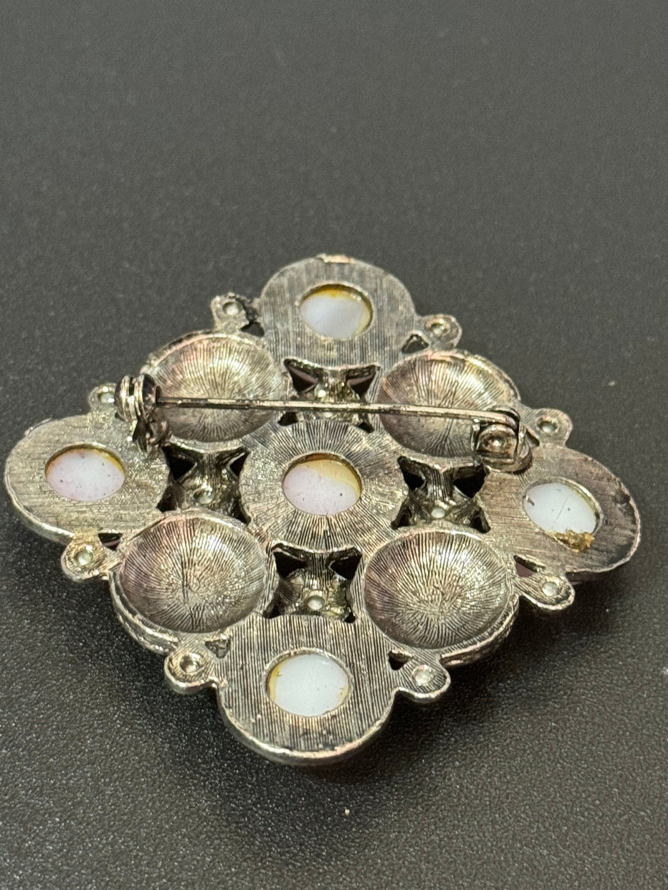 True vintage Chunky square silver tone Etruscan brooch with pearl and pink glass cabochons old shop stock