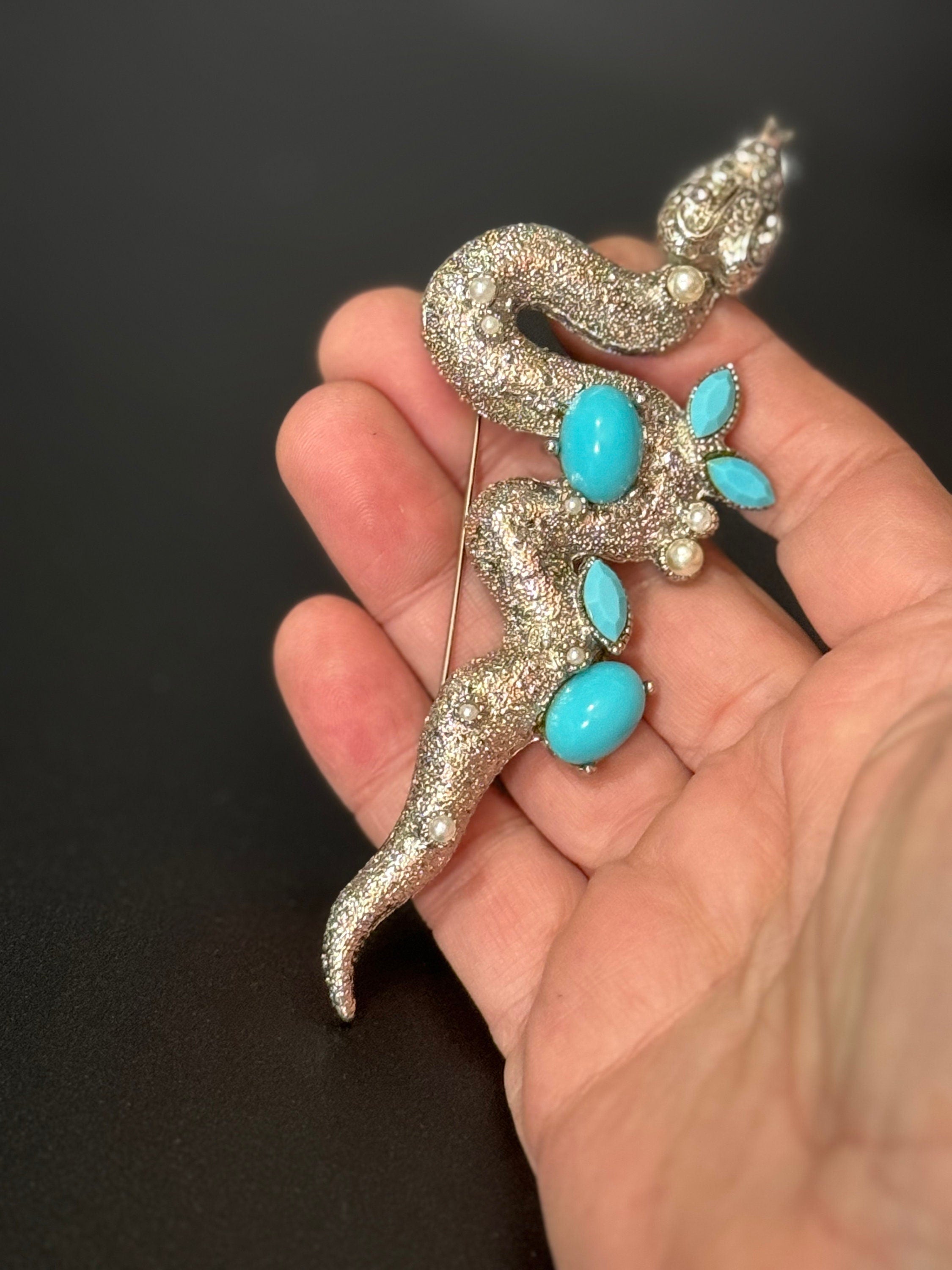 vintage 12cm large silver tone snake brooch set with faux turquoise and pearls