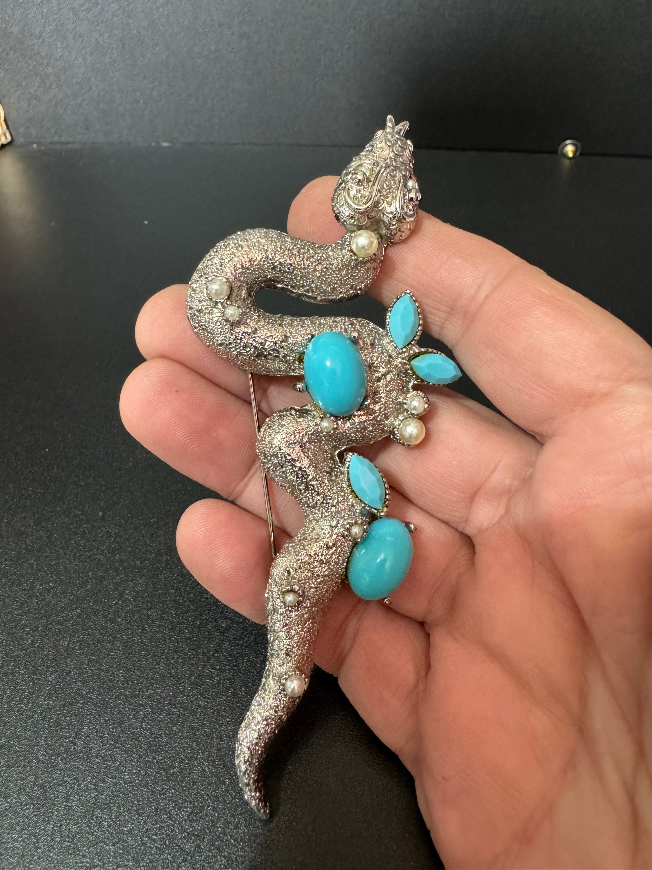 vintage 12cm large silver tone snake brooch set with faux turquoise and pearls