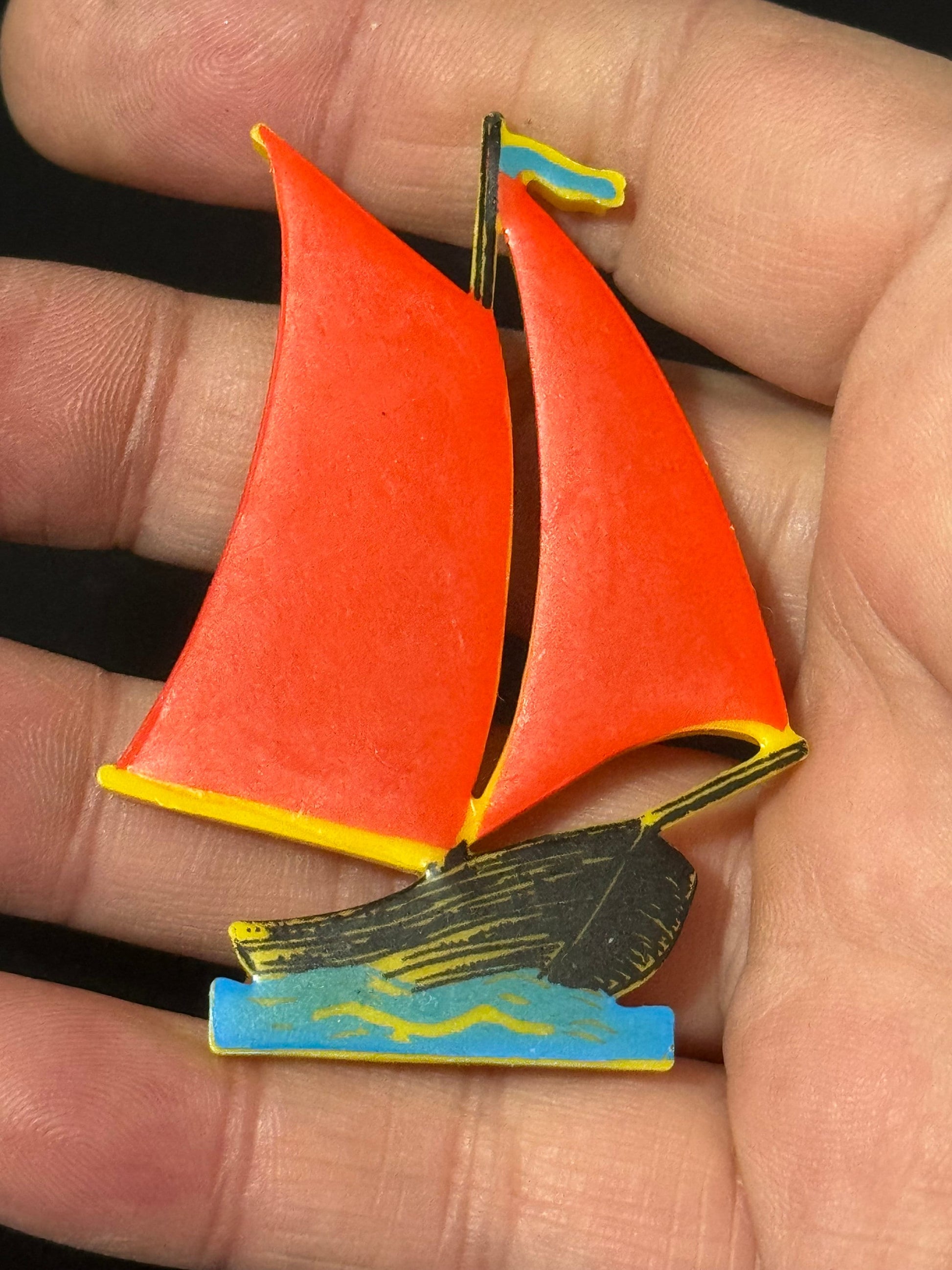 vintage French early plastic celluloid red yellow blue nautical sailing yacht boat Brooch