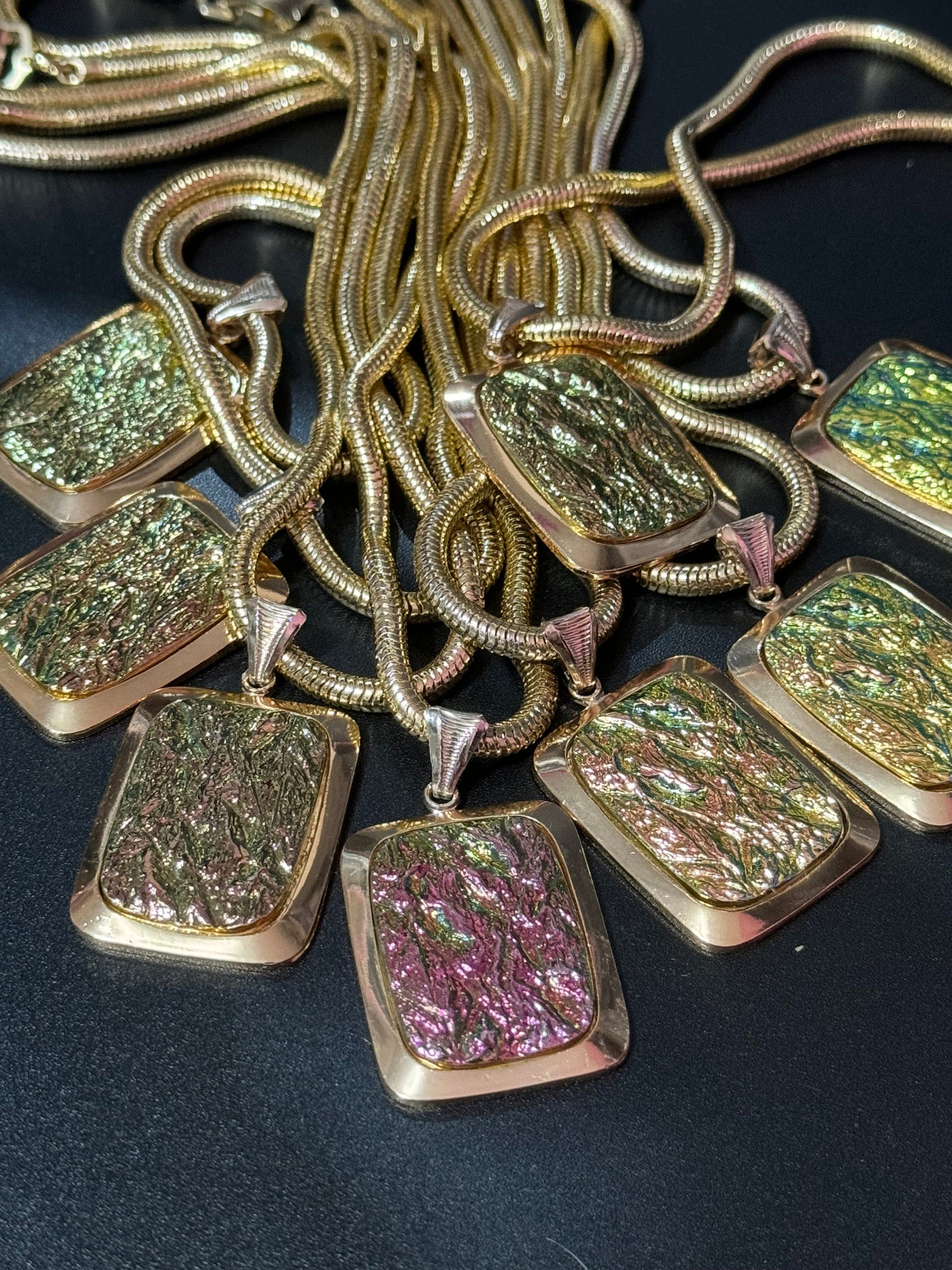 true vintage 1960s French red green iridescent rainbow glass pendants on gold tone thick lightweight aluminium snake chain necklace
