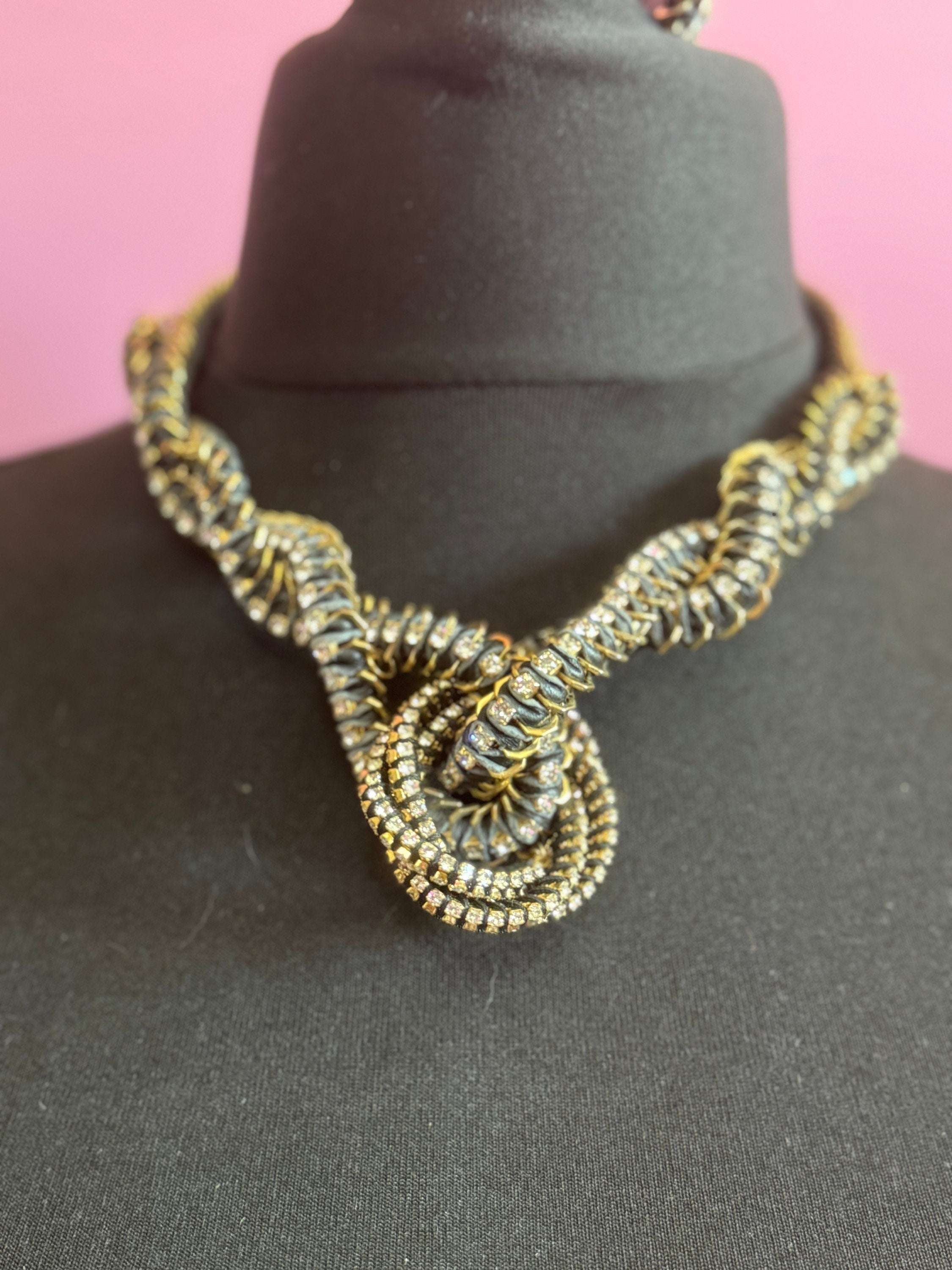 Retro clear Swarovski crystal diamanté and blue leather and cord gold tone diamanté knot pendant necklace bracelet and earring set