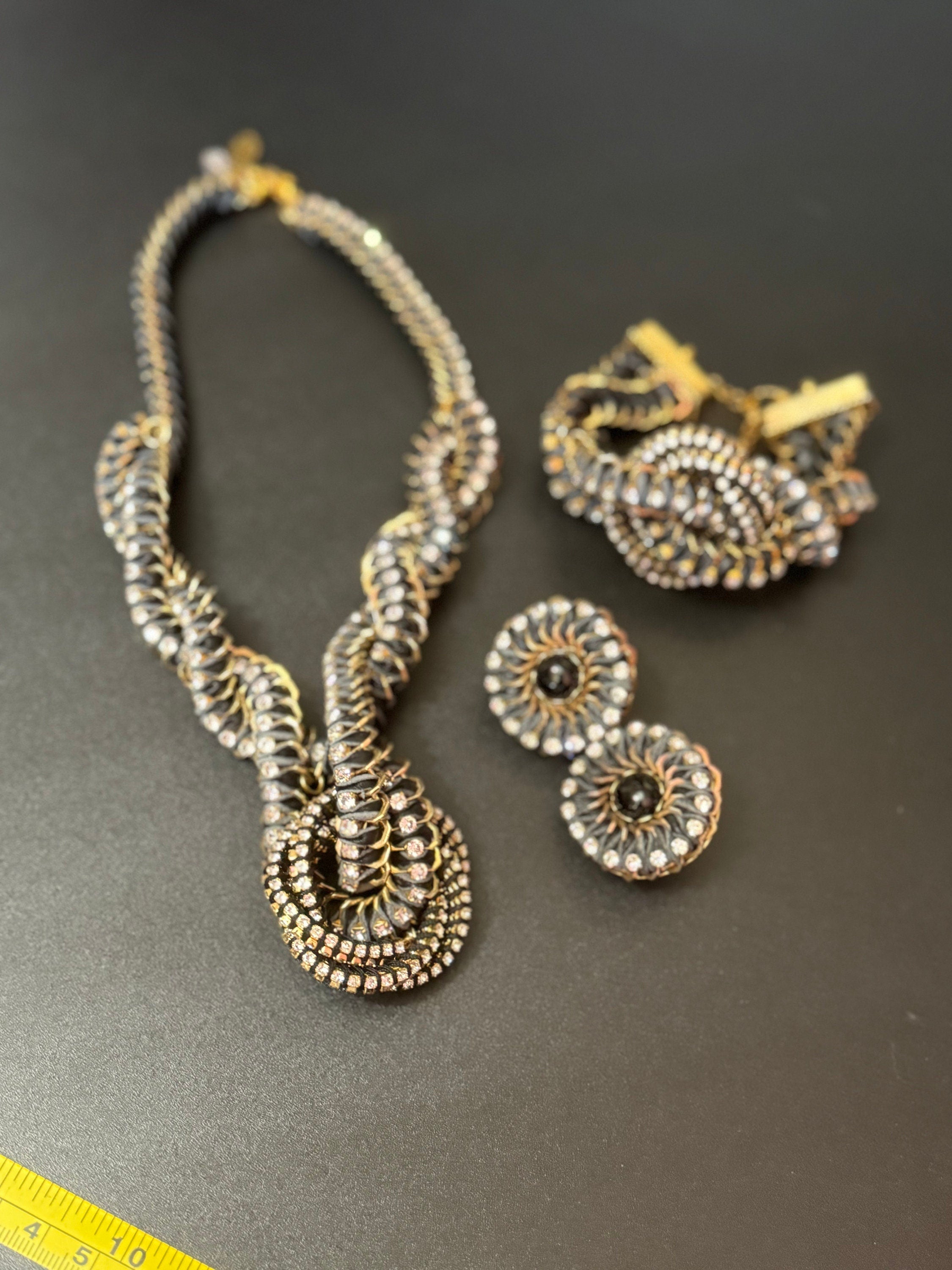 Retro clear Swarovski crystal diamanté and blue leather and cord gold tone diamanté knot pendant necklace bracelet and earring set