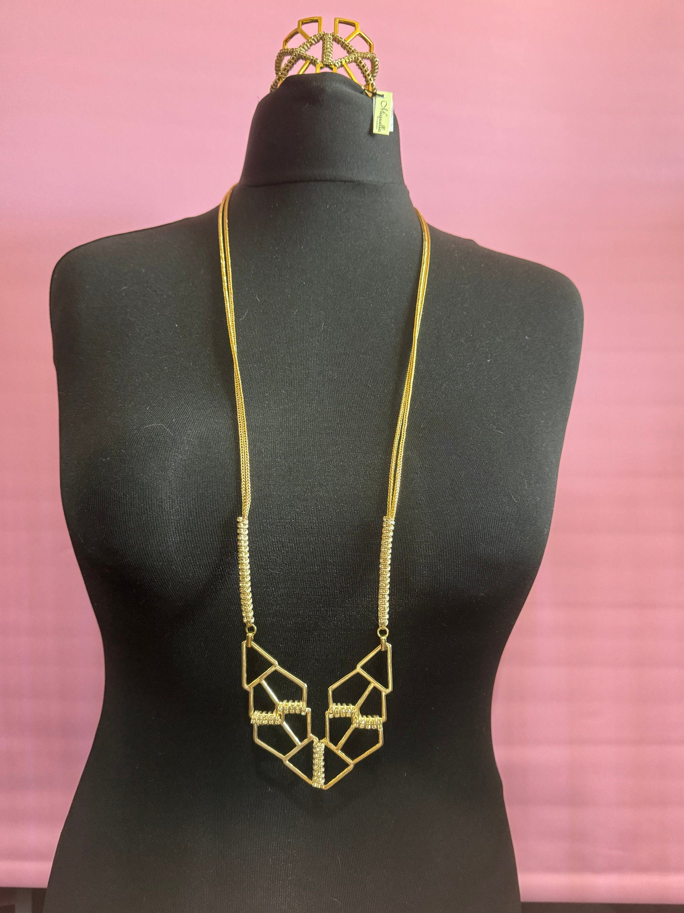 Retro soft topaz Swarovski crystal diamanté and cream silk cord gold tone diamanté pendant necklace and matching cuff bracelet geometric