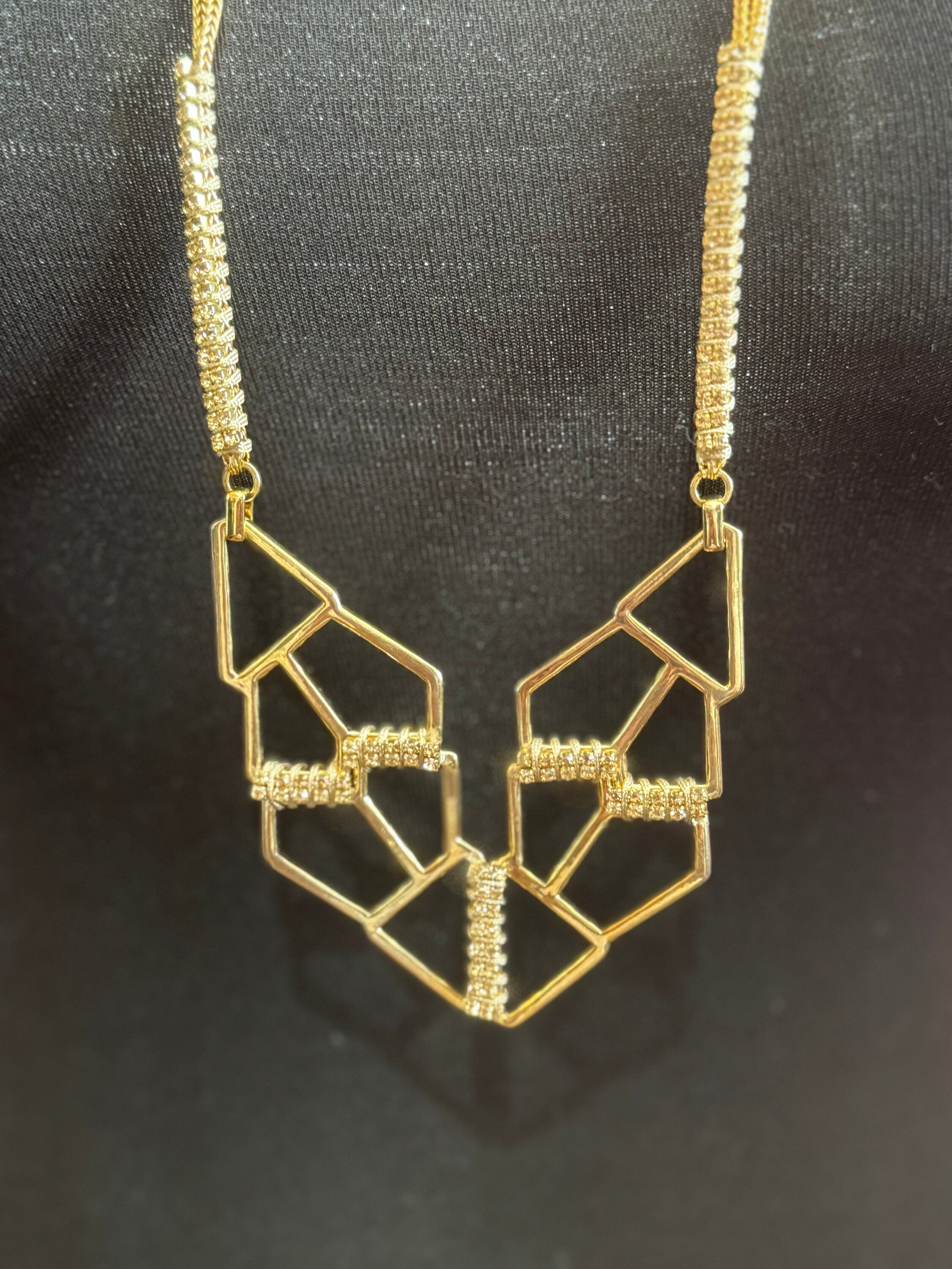 Retro soft topaz Swarovski crystal diamanté and cream silk cord gold tone diamanté pendant necklace and matching cuff bracelet geometric