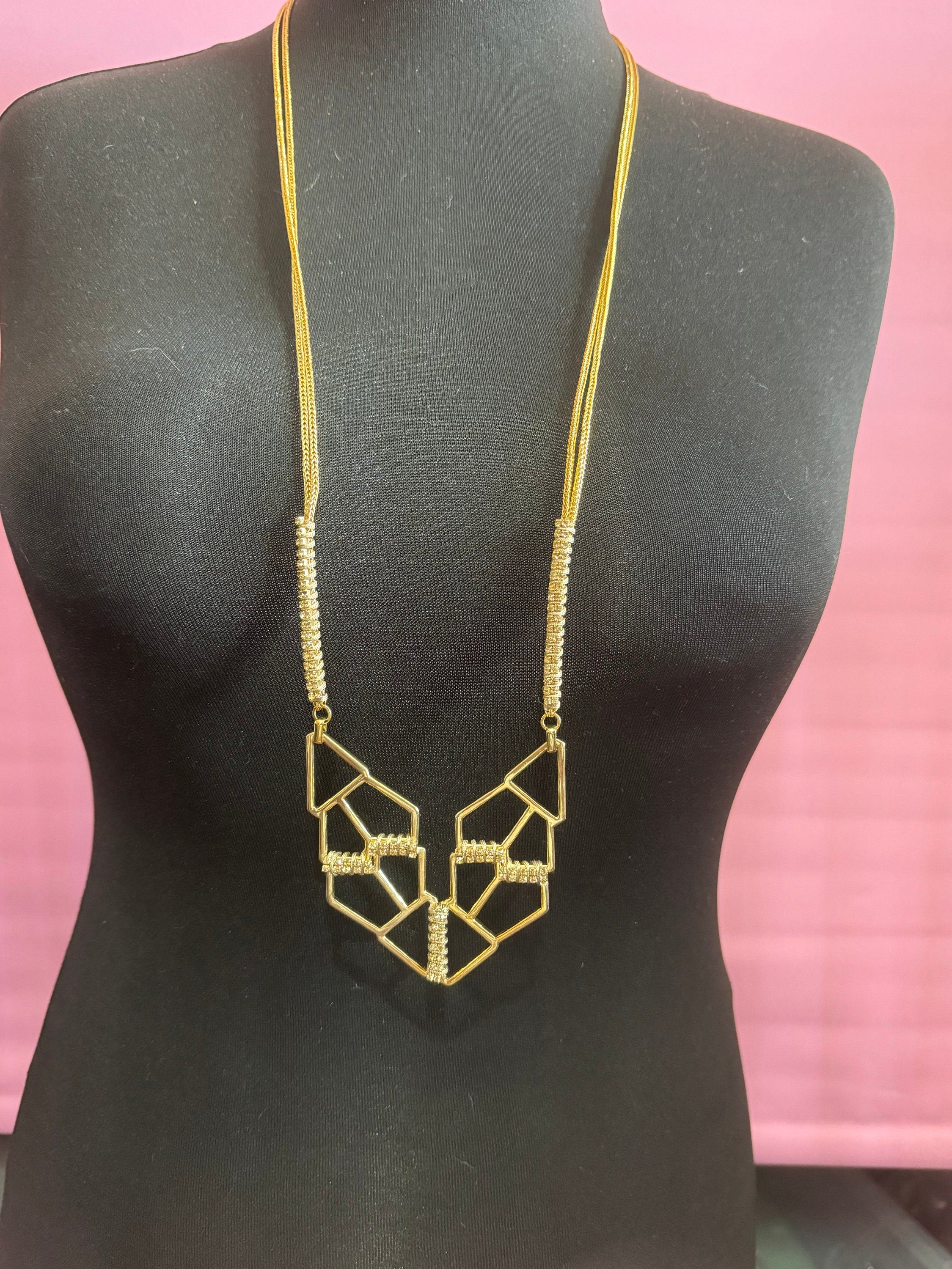 Retro soft topaz Swarovski crystal diamanté and cream silk cord gold tone diamanté pendant necklace and matching cuff bracelet geometric