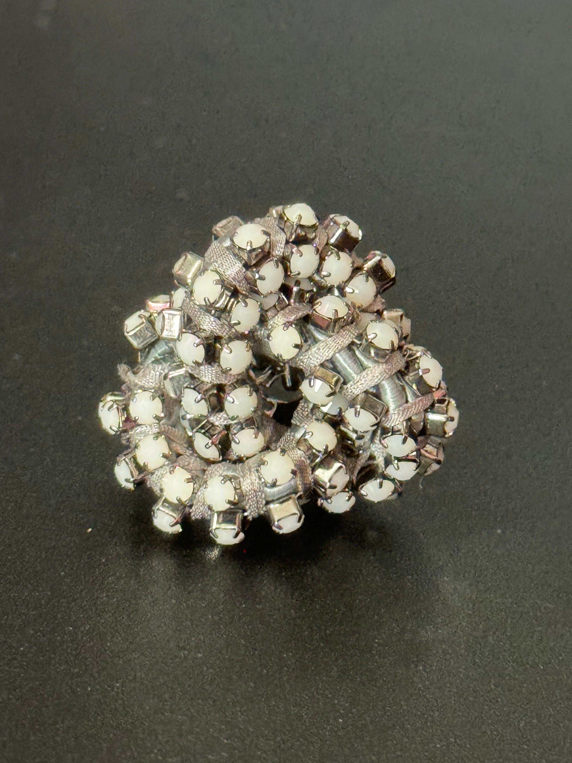 Retro white Swarovski Crystal silver tone oversized knot cocktail ring adjustable designer