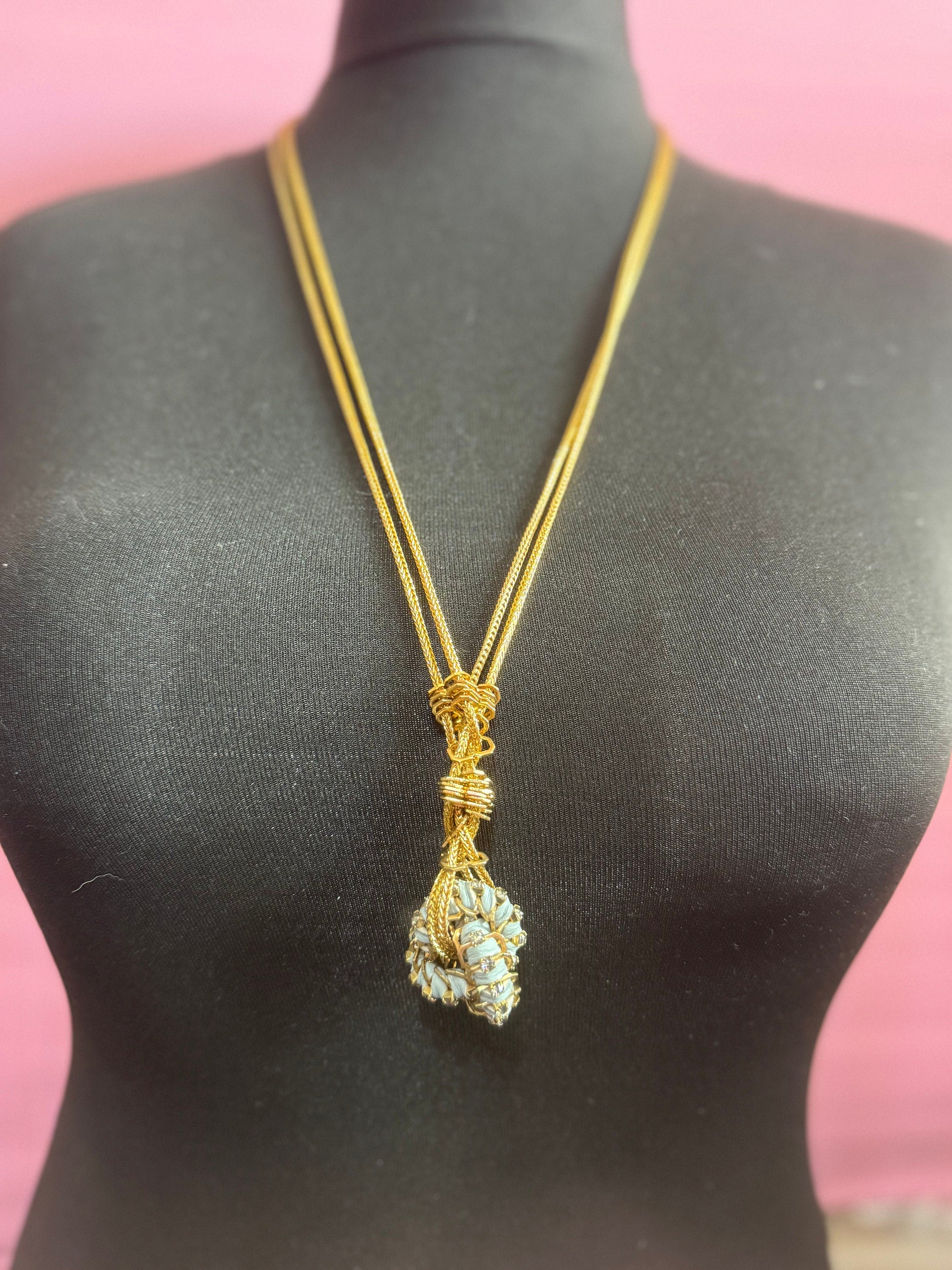 Retro soft Grey Swarovski Crystal gold tone diamanté blue Japanese silk cord knot pendant necklace designer