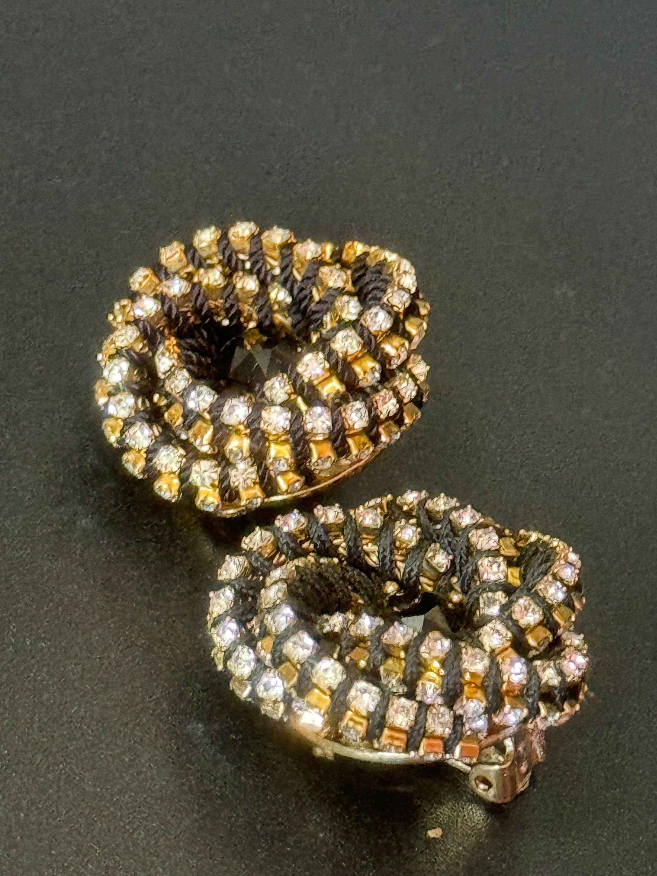 Retro Swarovski Crystal Clip On Earrings: Gold Knot, Japanese Silk Cord