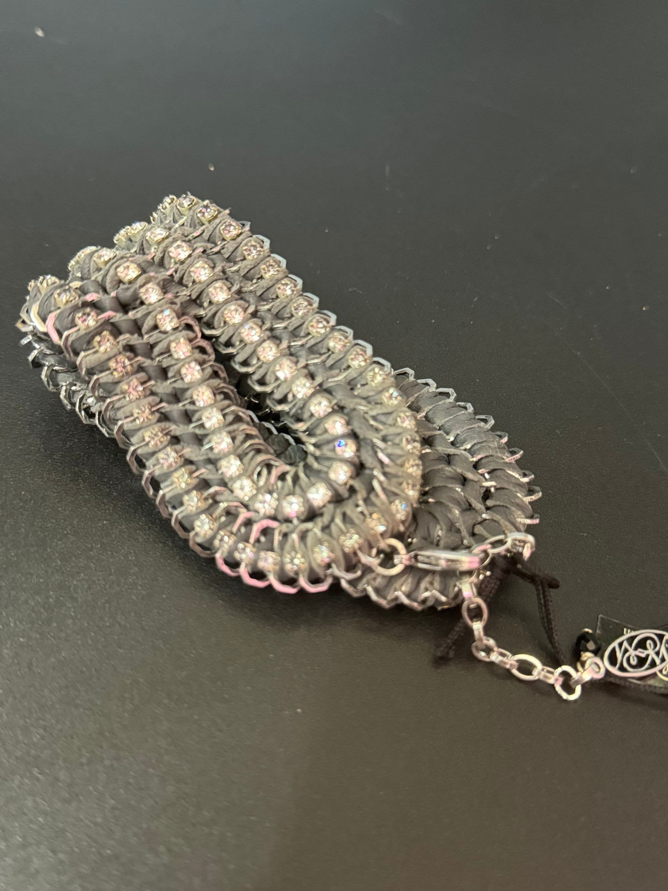Retro grey & clear Swarovski Crystal diamanté and silk cord wide chunky cocktail bracelet designer