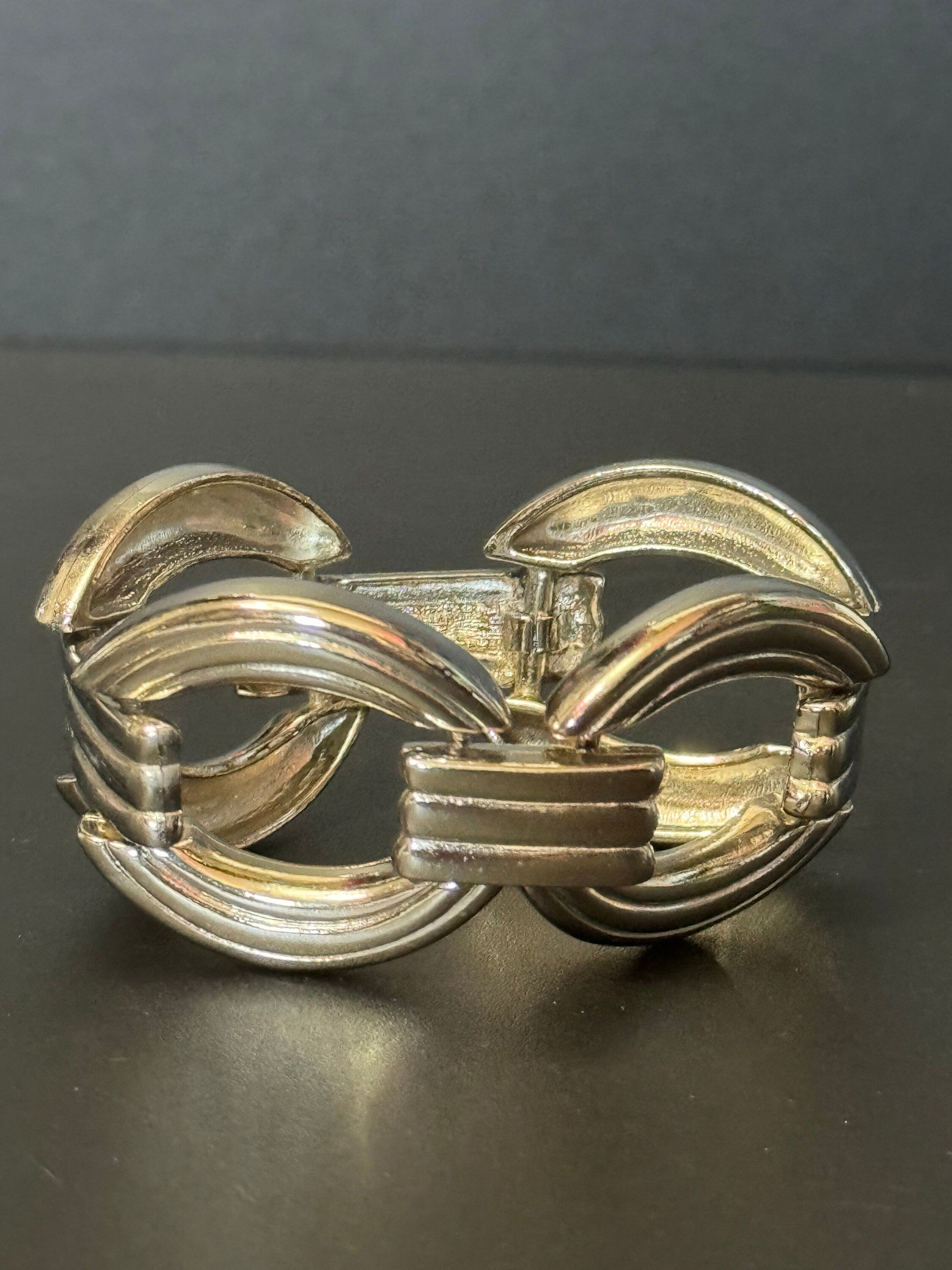 True vintage wide oversized silver tone circle panel link bracelet 19.5 x 3.5cm