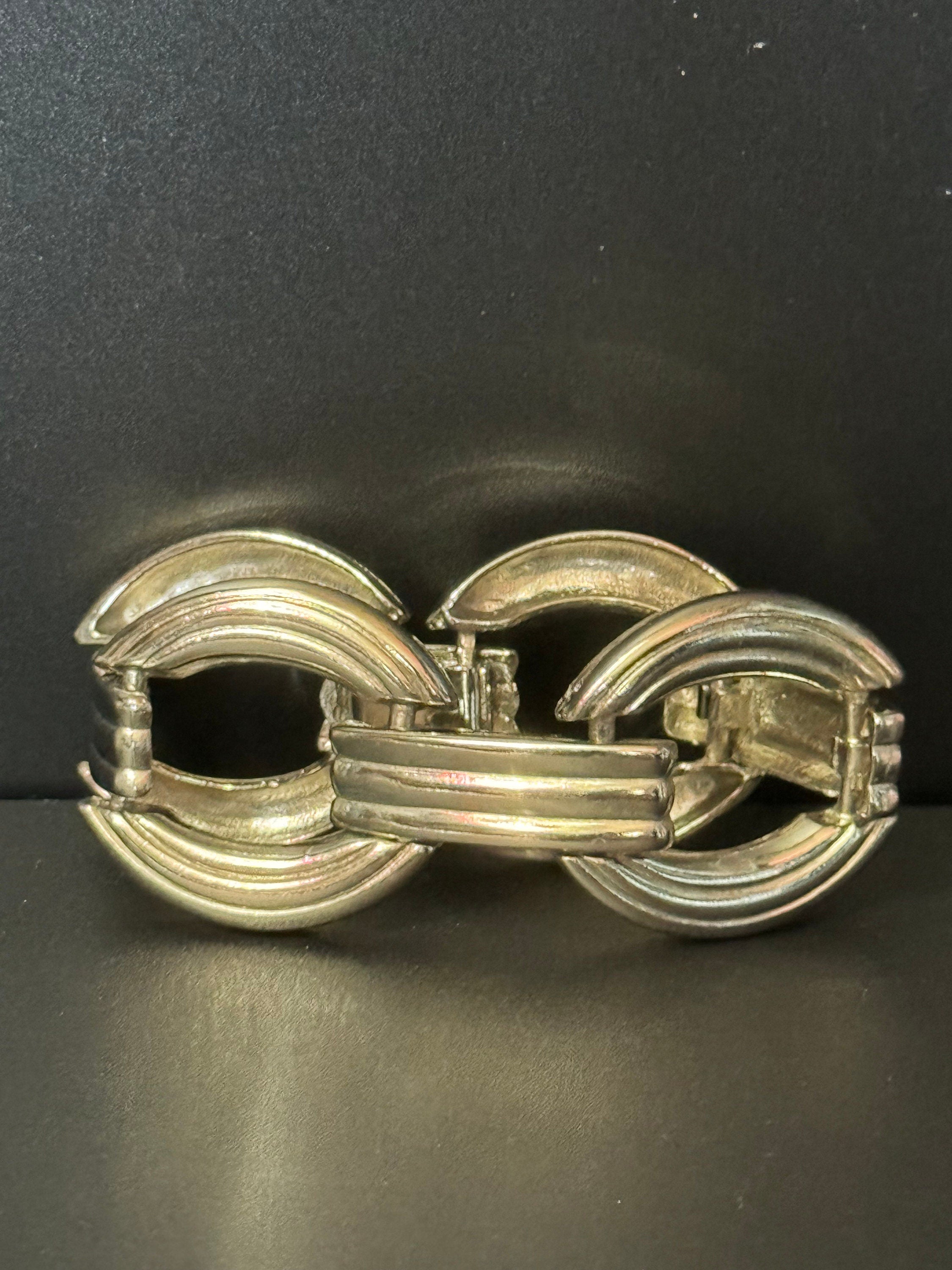 True vintage wide oversized silver tone circle panel link bracelet 19.5 x 3.5cm