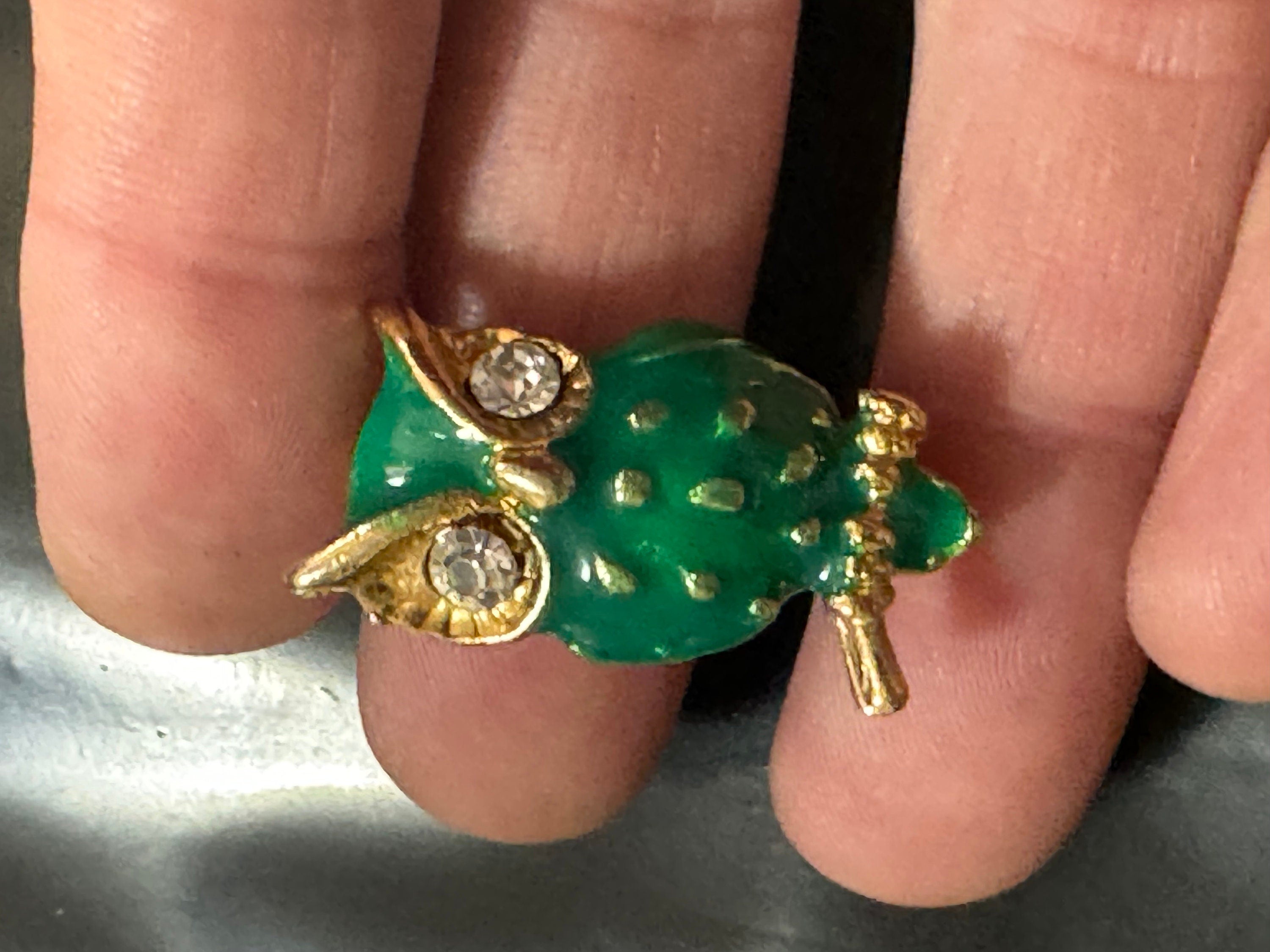 Small Retro green and blue enamel owl diamanté crystal brooch