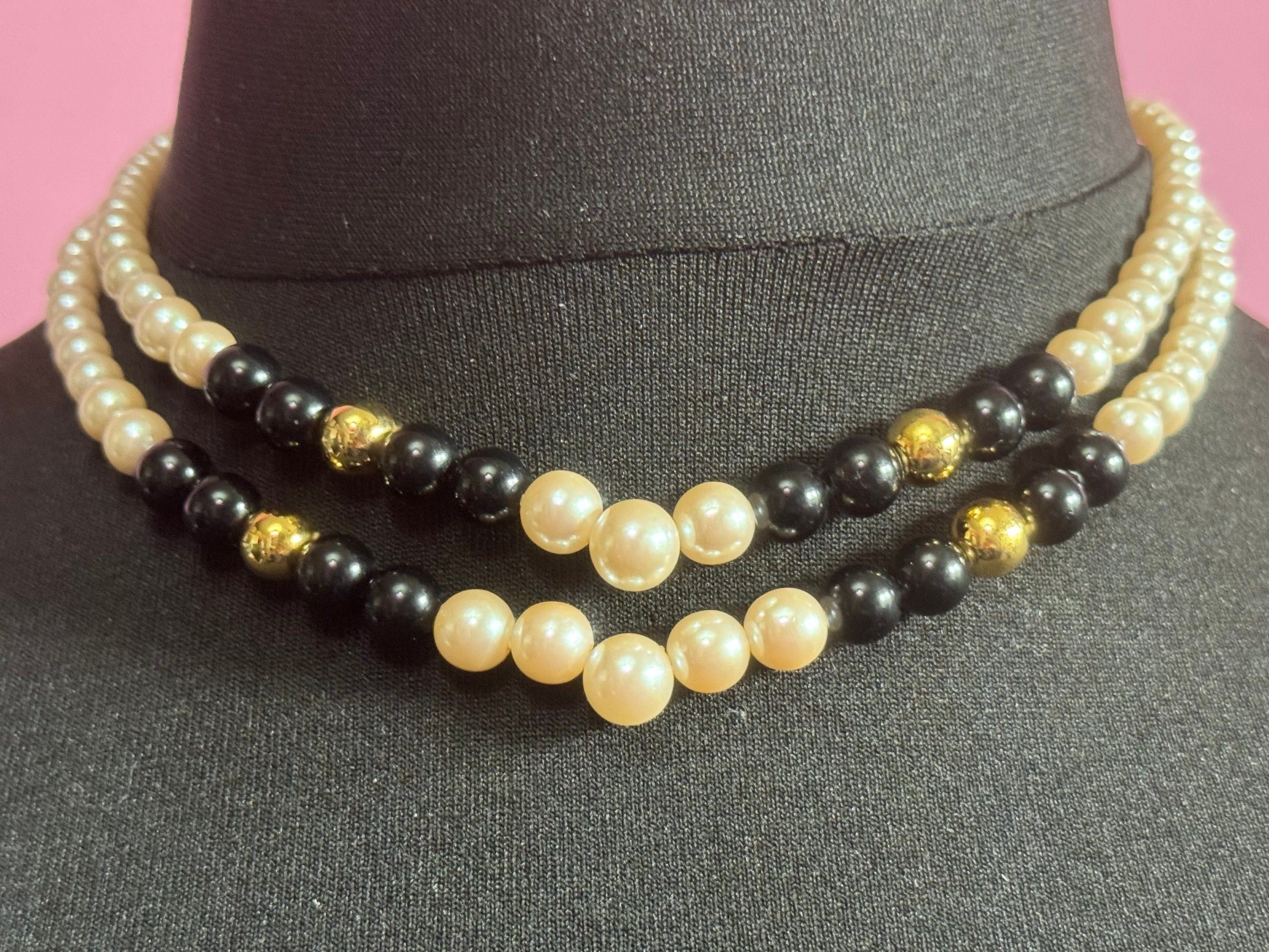 Signed Richelieu designer faux pearl Vintage black and gold beaded collar necklace