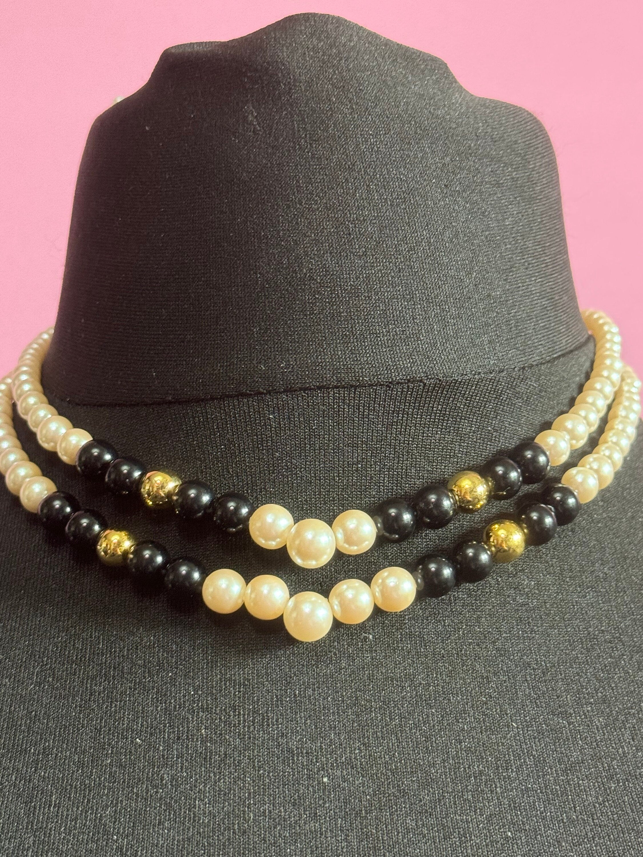 Signed Richelieu designer faux pearl Vintage black and gold beaded collar necklace