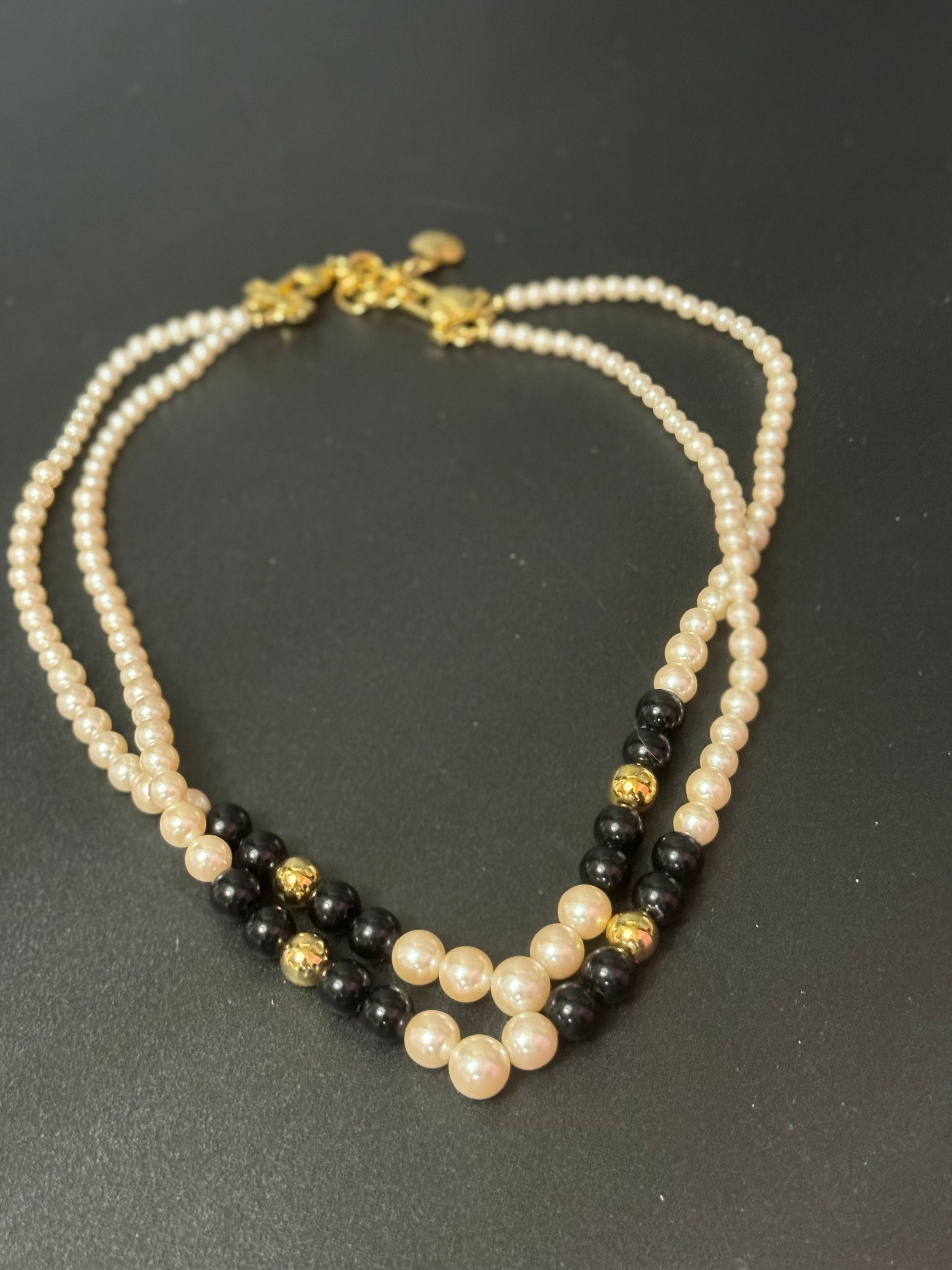 Signed Richelieu designer faux pearl Vintage black and gold beaded collar necklace