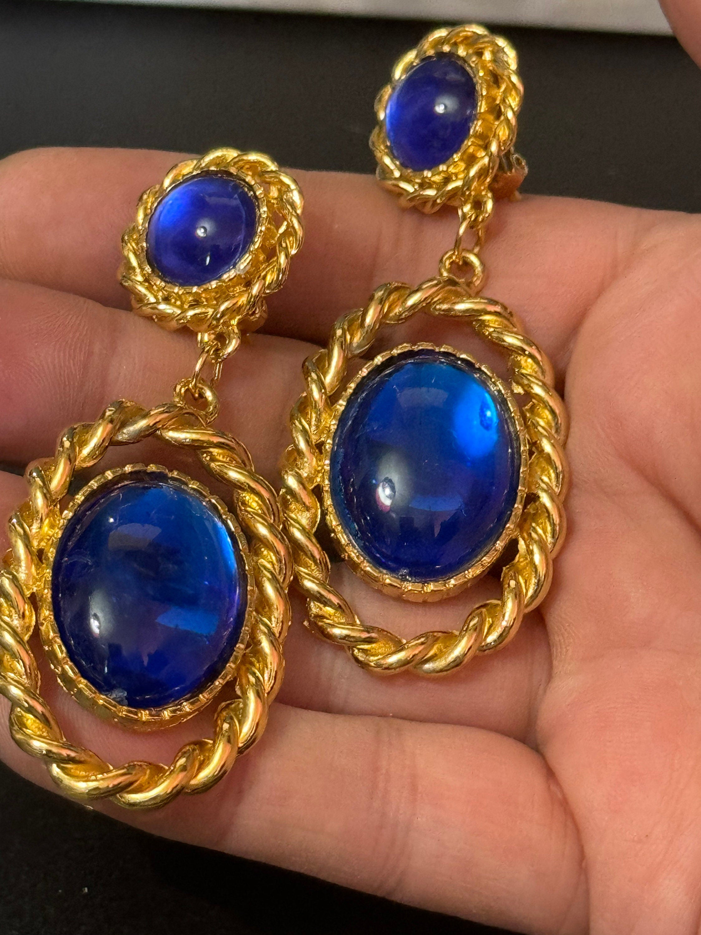Reserved C vintage xl 7cm nautical rope twist  bright blue oval cabochon Gold tone dangly drop clip on earrings 1990s Gripoix style
