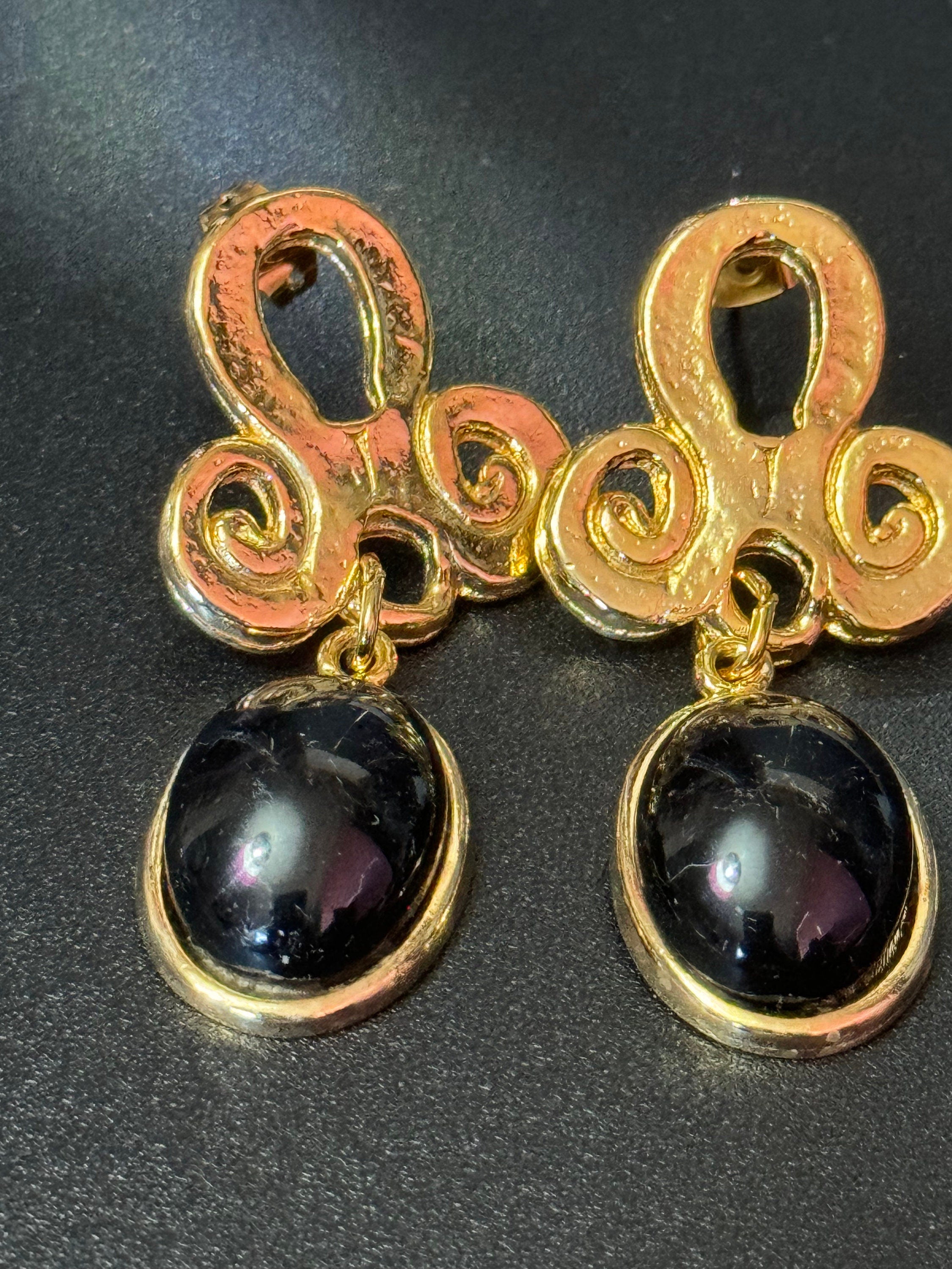 True vintage Matt yellow gold etruscan style black oval cabochon dangly drop earrings for pierced ears 1980s old shop stock
