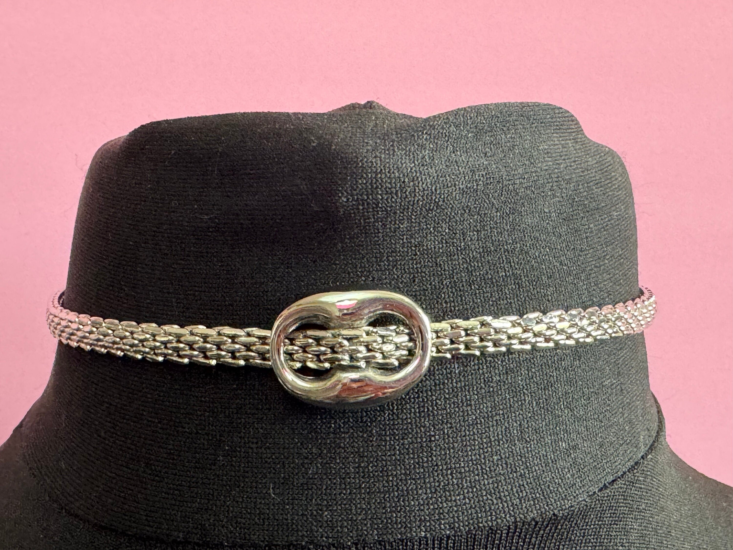 True Vintage pristine 15” 38.5cm 1970s silver mesh buckle detail choker necklace old shop stock