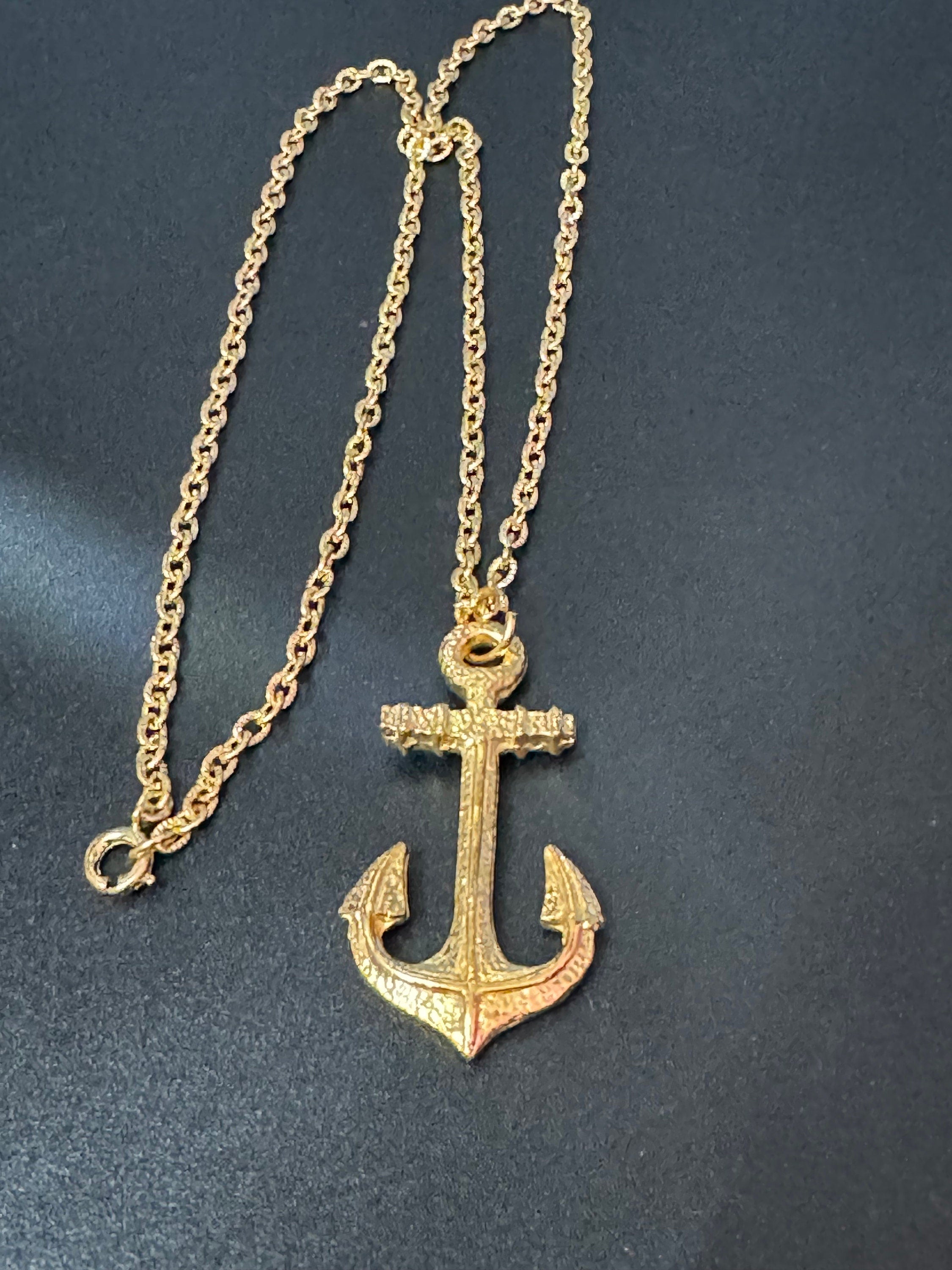 vintage gold tone textured nautical anchor pendant on a 55cm cable chain necklace 1980s