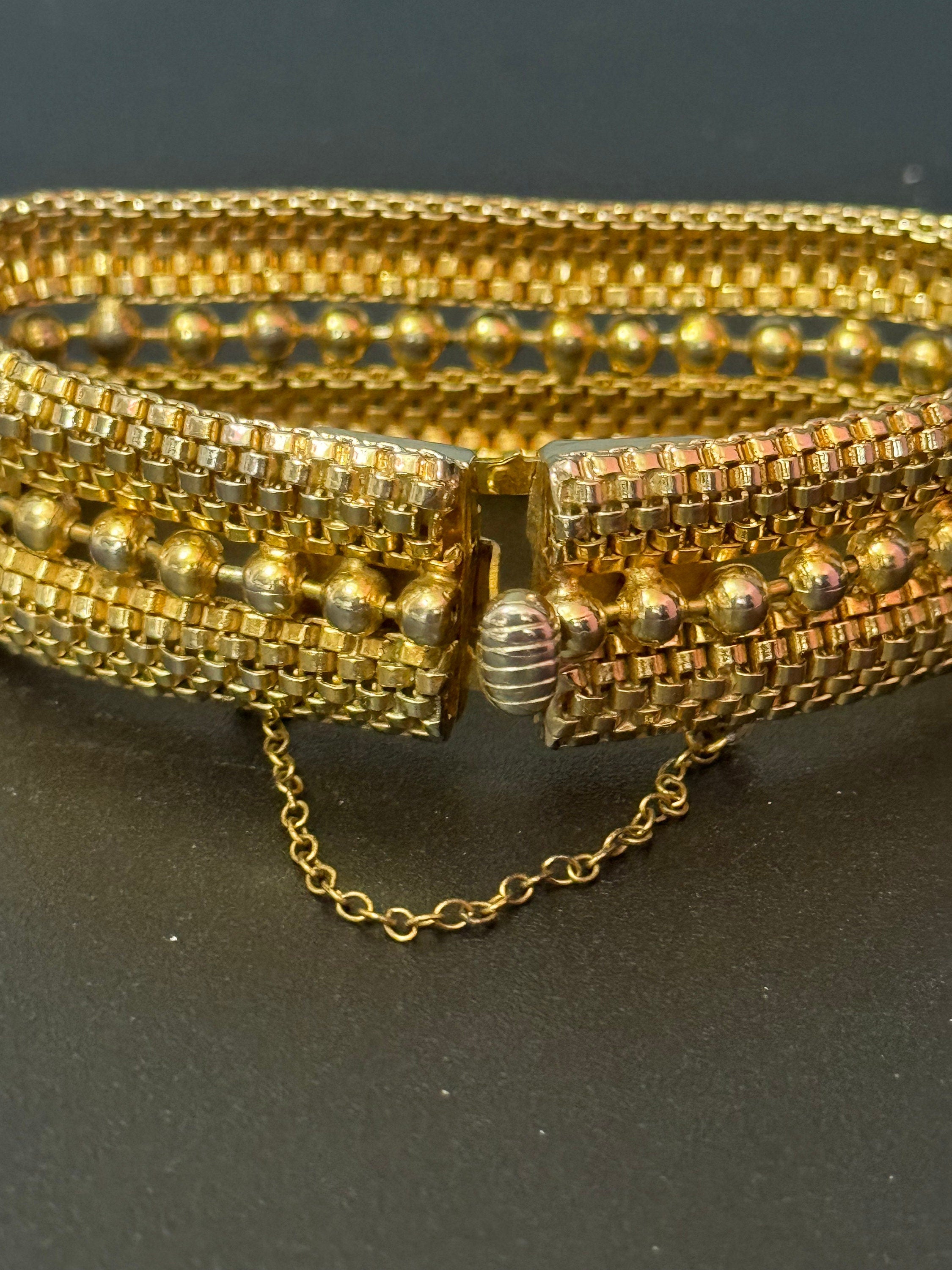 Signed Jewelcraft vintage gold tone Woven ball and Brick link wide chain bracelet 18 x 2cm