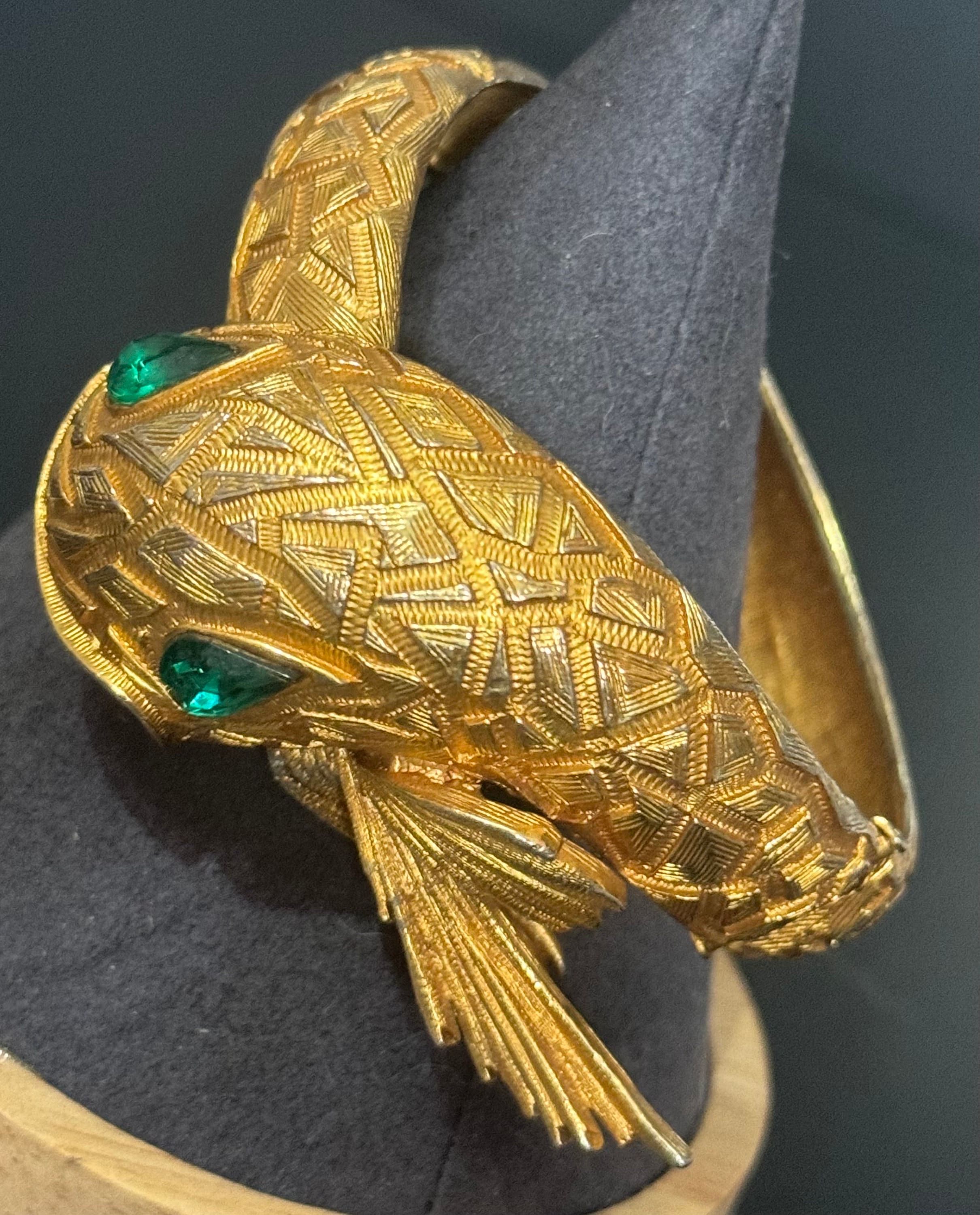 gold Chinese serpent snake clamper bangle bracelet with red enamel and emerald rhinestones mid century