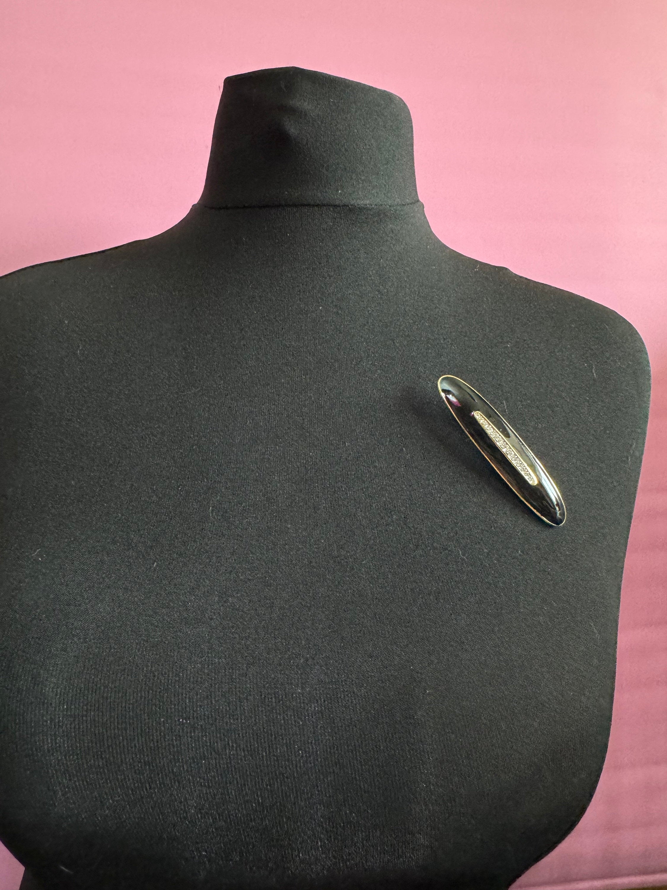 Oversized 9cm vintage modernist gold tone black enamel diamanté bar brooch