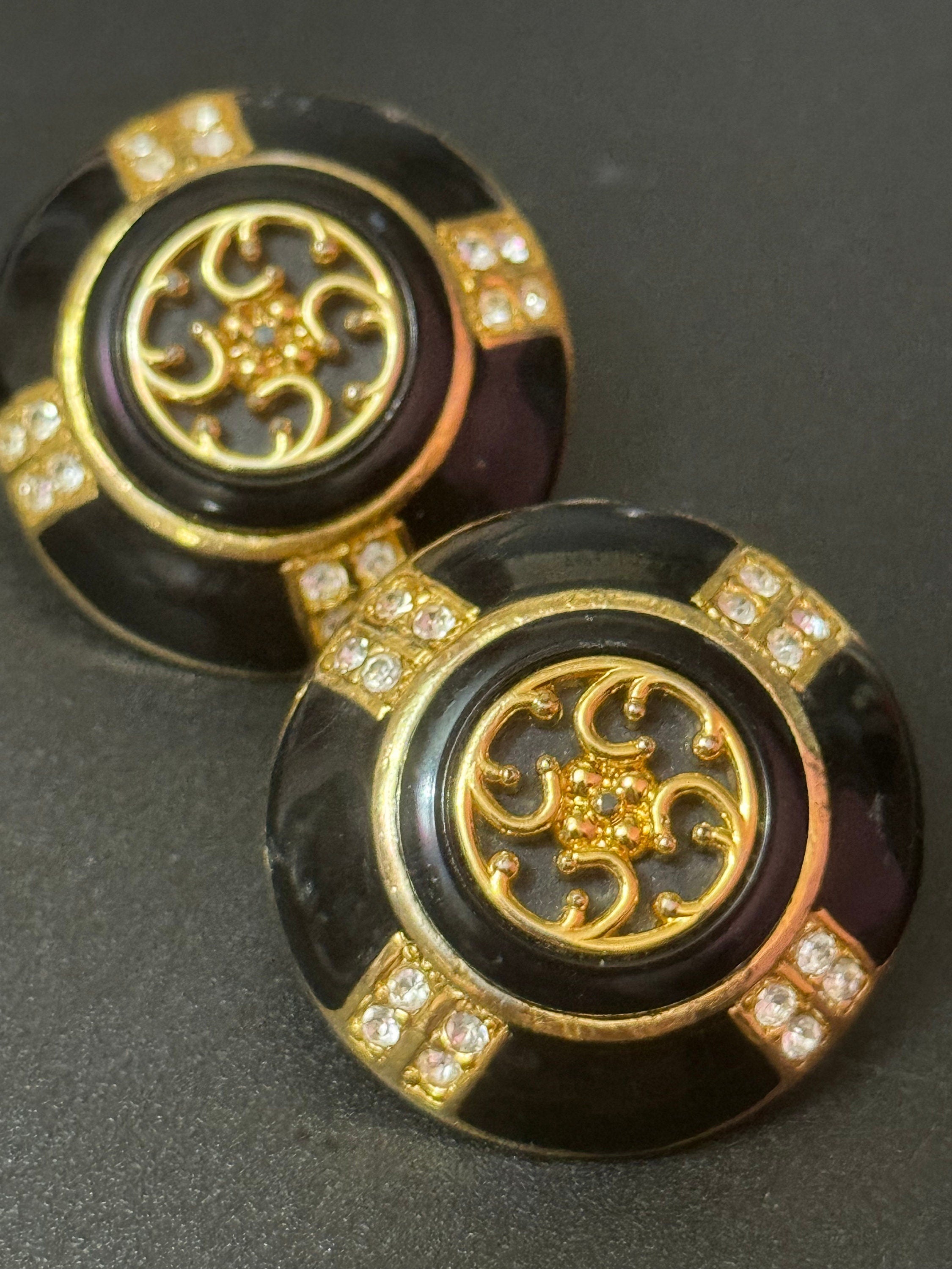 Oversized large black enamel gold statement diamanté clip on stud earrings